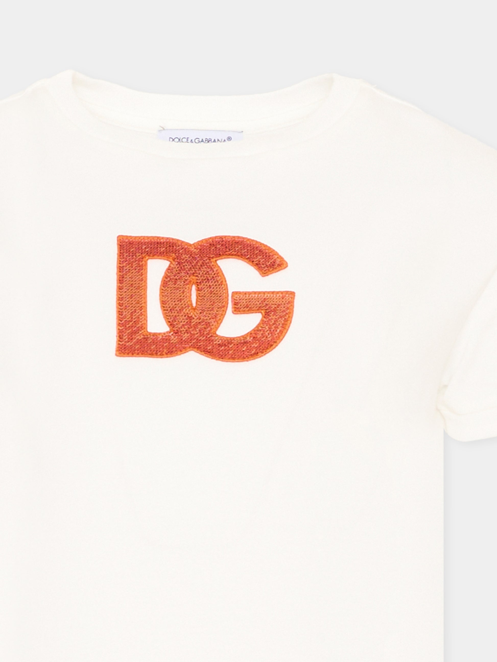 T-shirt avorio per bambina con logo,Dolce & Gabbana Kids,L5JTNJ G7P4E W0111