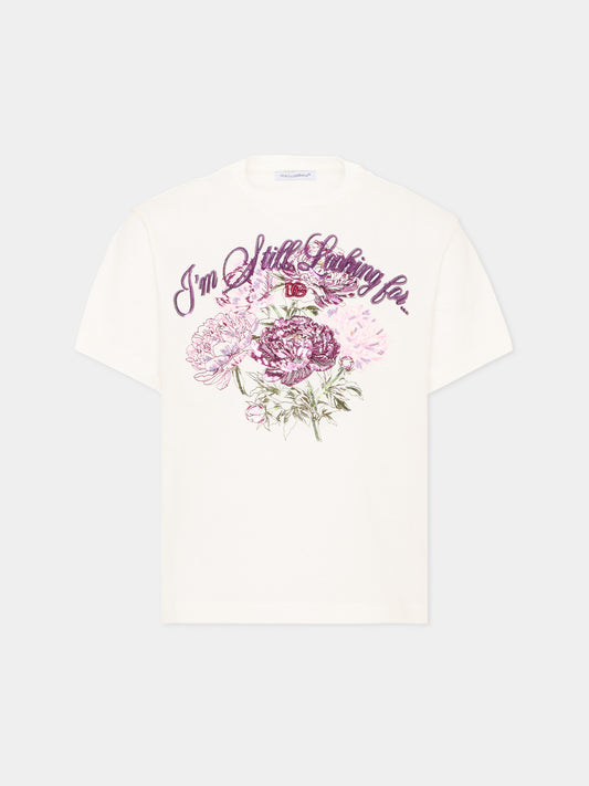 T-shirt avorio per bambina con stampa floreale,Dolce & Gabbana Kids,L5JTNM G7QUW W0111