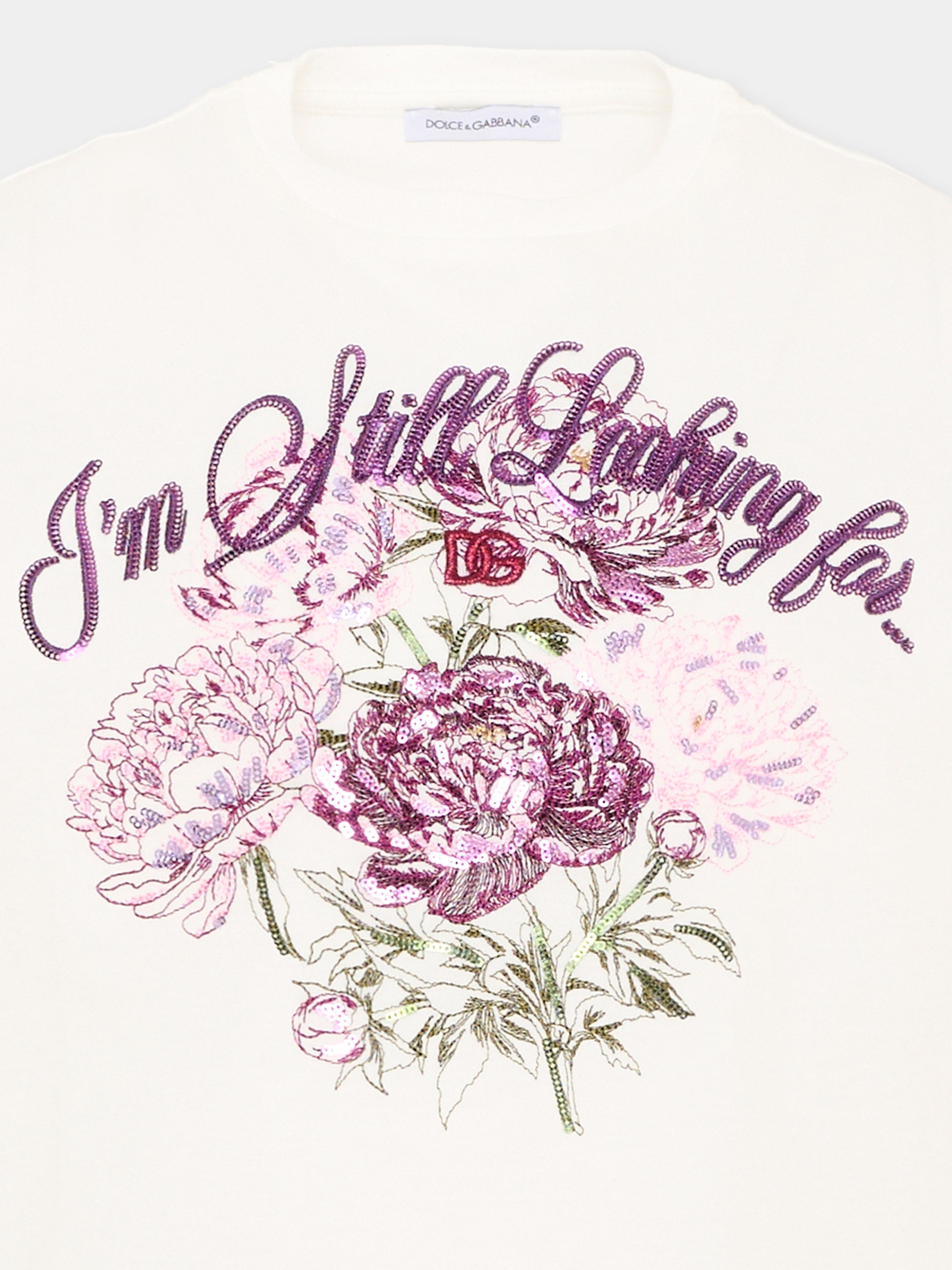 T-shirt avorio per bambina con stampa floreale,Dolce & Gabbana Kids,L5JTNM G7QUW W0111