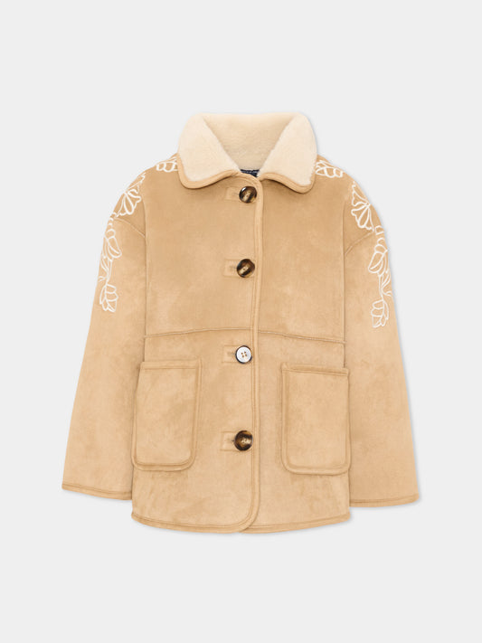 Ecopelliccia beige per bambina con ricami,Ermanno Scervino Junior,Z9H103 8093 0003