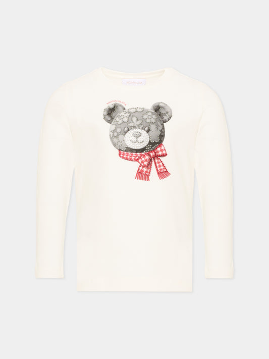 T-shirt avorio per bambina con orsetto,Monnalisa,19H607 8015 0132