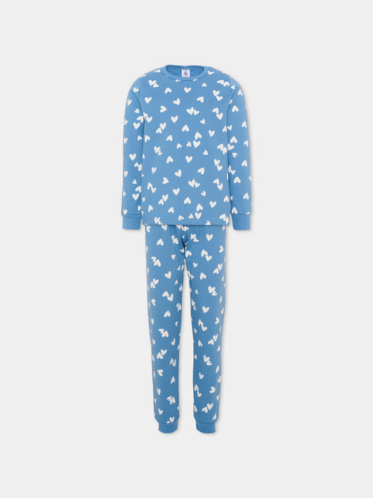 Pigiama celeste per bambina con cuori,Petit Bateau,A0GCC 01