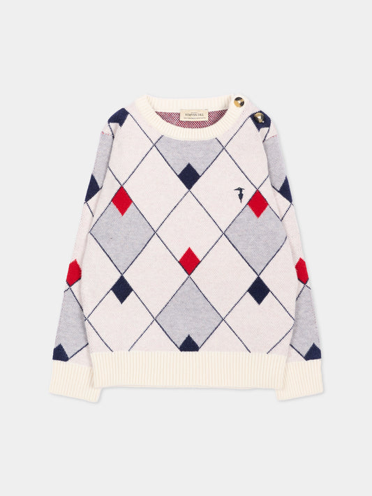 Maglione blu per neonato a rombi con logo,Trussardi Junior,TIA26052MA BLUE_N/OW/ BLUE NAVAL