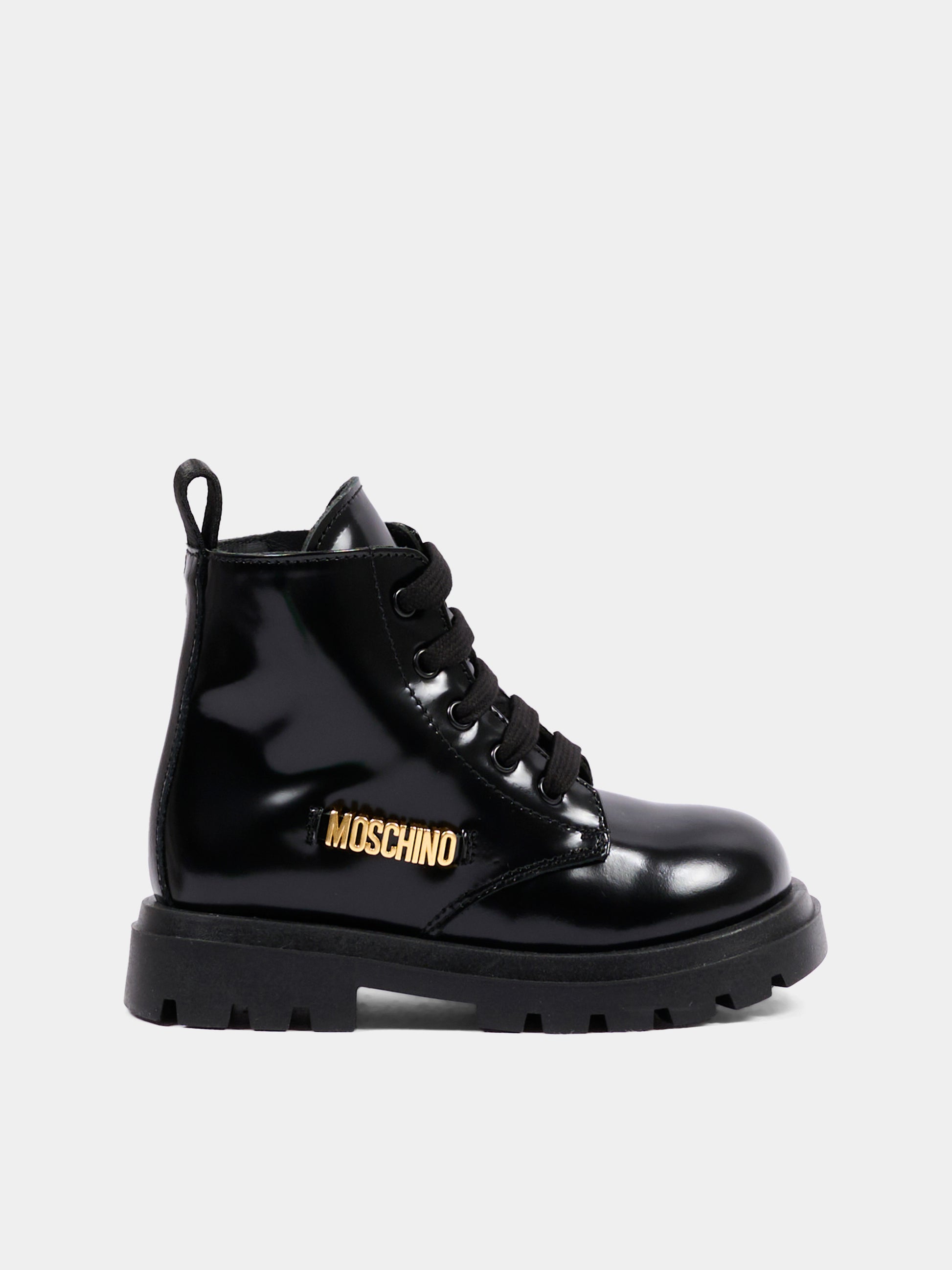Anfibi neri per bambini con logo,Moschino Kids,84152 VAR3