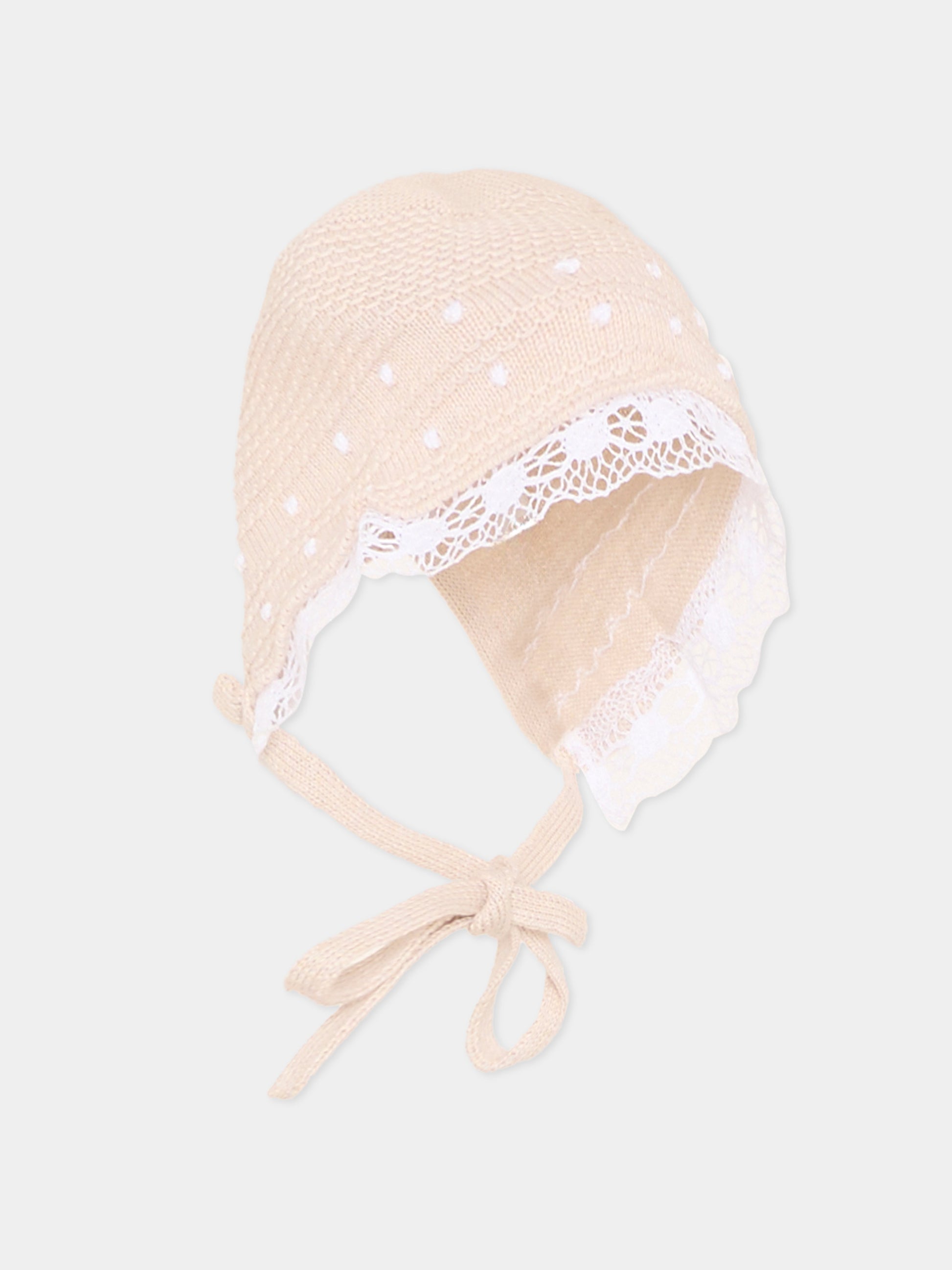 Cuffietta beige per neonata in tricot,Paz Rodríguez,011 123495 7901 H82