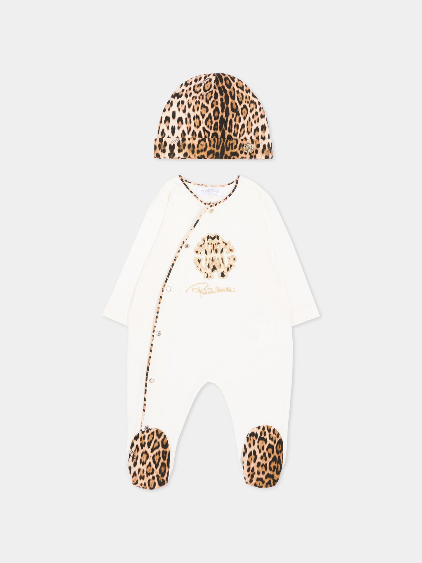 Set tutina avorio animalier per neonati con logo,Roberto Cavalli Kids,CLA26019TU AVOR.CC/GN
