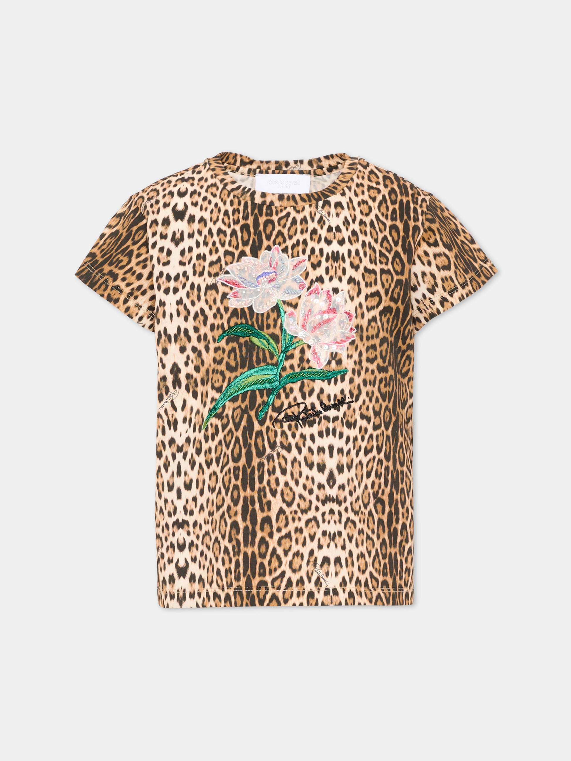 T-Shirt marrone per bambina animalier,Roberto Cavalli Kids,CGA26045TS GIAG.N/P.H