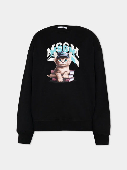 Felpa nera per bambina con gattino,Msgm Kids,F5MSJGSW125 110