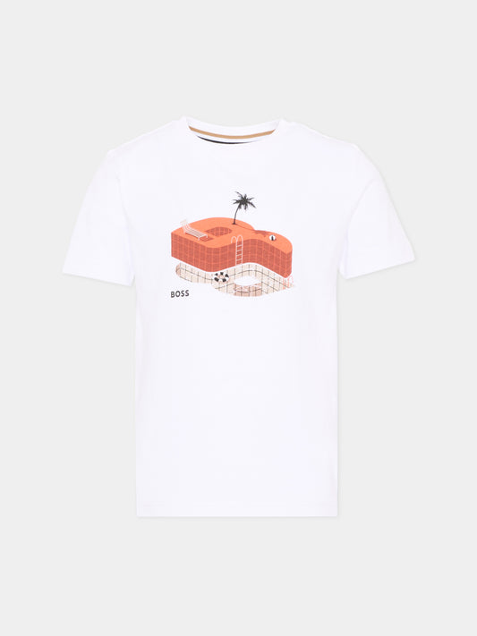 T-Shirt bianca per bambino con logo,Boss,J52032 10P