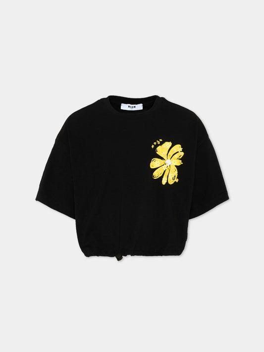 T-Shirt nera per bambina con fiore,Msgm Kids,S6MSJGTH106 110