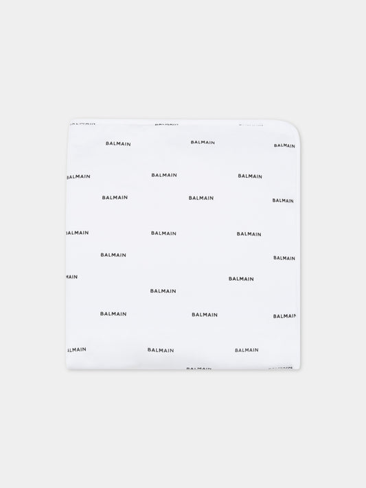 Coperta bianca per neonati con loghi neri,Balmain Kids,6Q0A30 Z0199 100NE