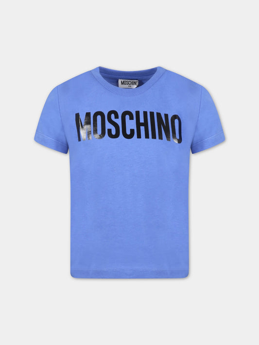 T-shirt blu per bambini con logo nero,Moschino Kids,HWM03L LAA02 40640