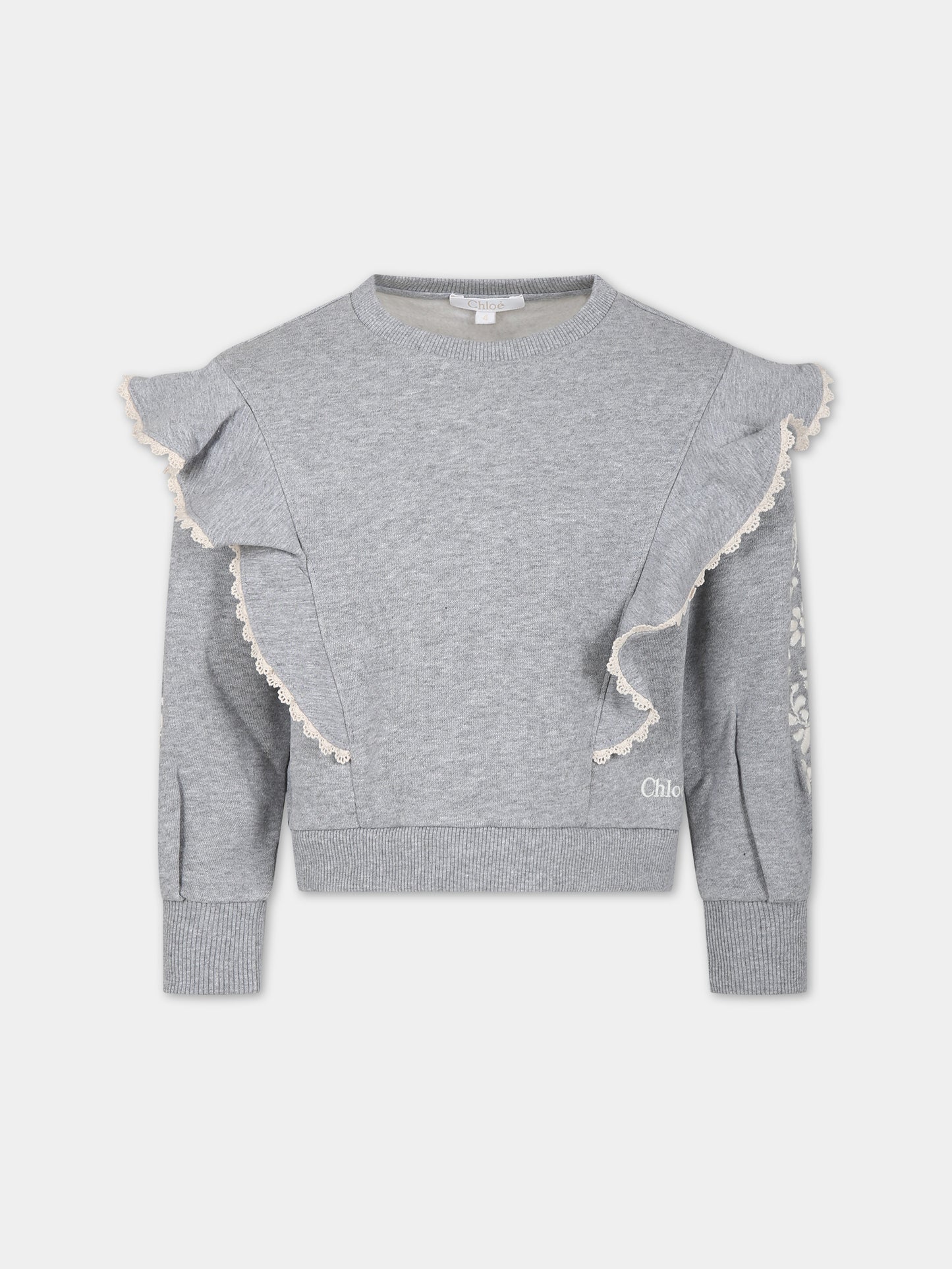 Felpa grigia con ricami per bambina,Chloé Kids,C15E25 A38