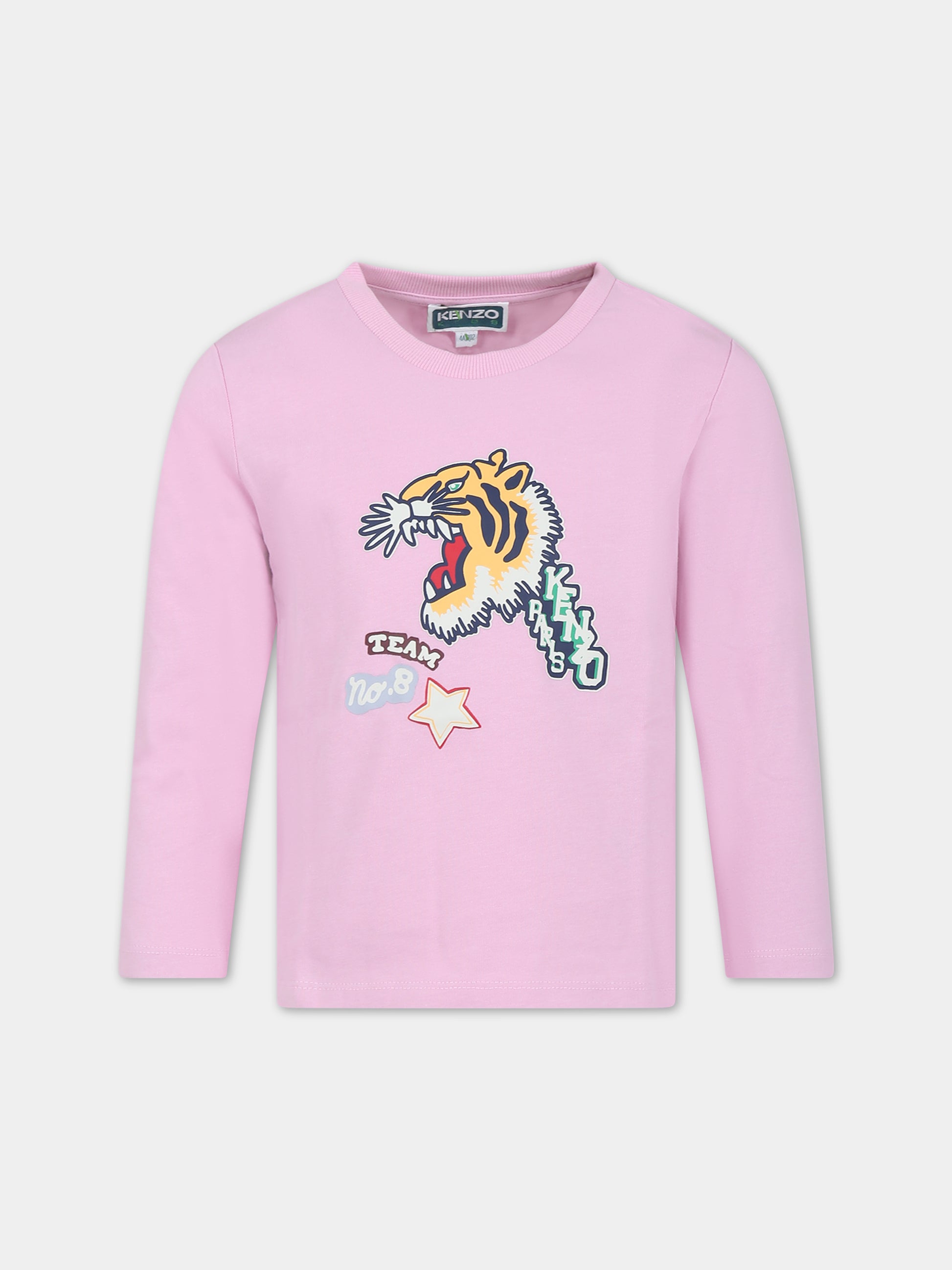 T-shirt rosa per bambina con tigre e logo,Kenzo Kids,K15707 456