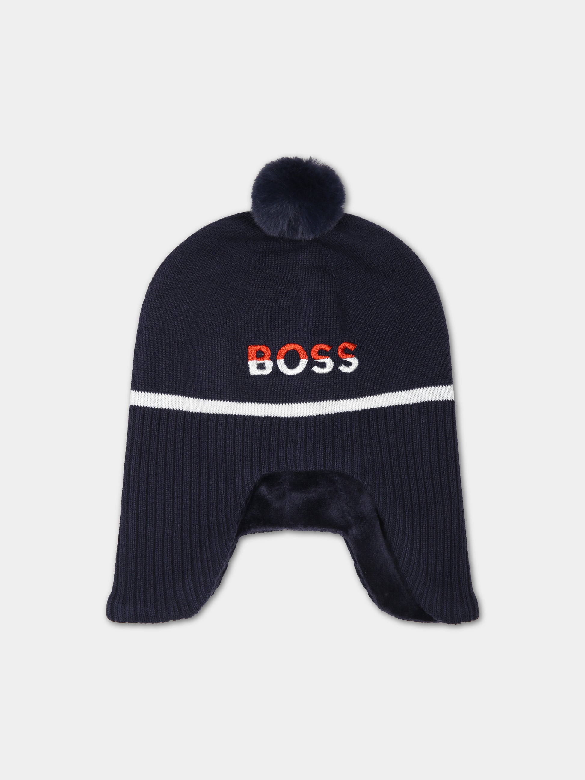 Berretto blu  per neonato con pon-pon,Boss,J91149 849