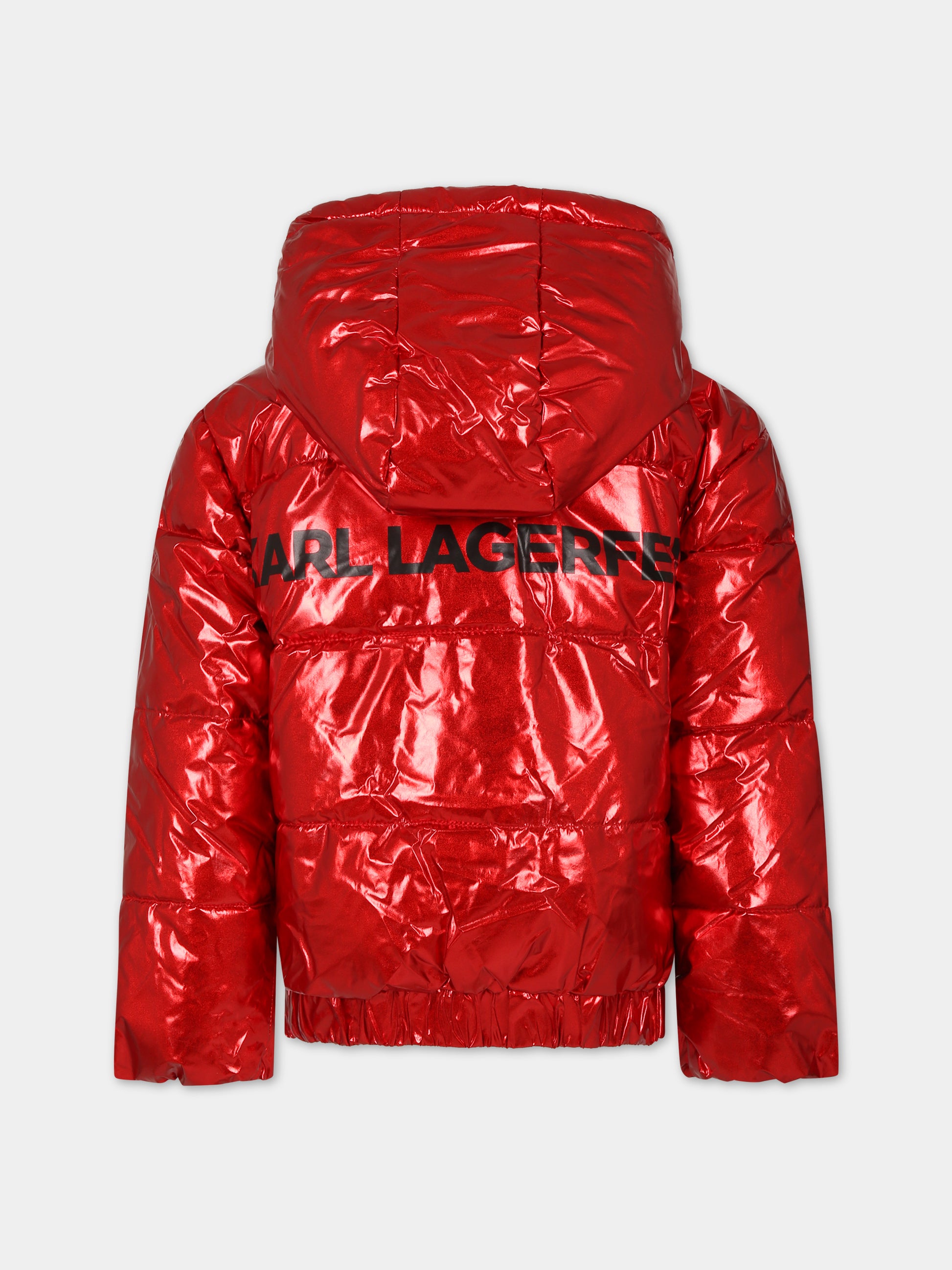 Piumino rosso per bambina con cappuccio e logo,Karl Lagerfeld Kids,Z16165 97S