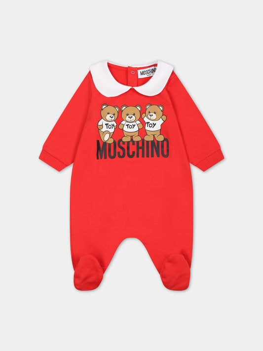 Tutina rossa per neonati con Teddy Bears e logo,Moschino Kids,MWY037 LCA60 50109