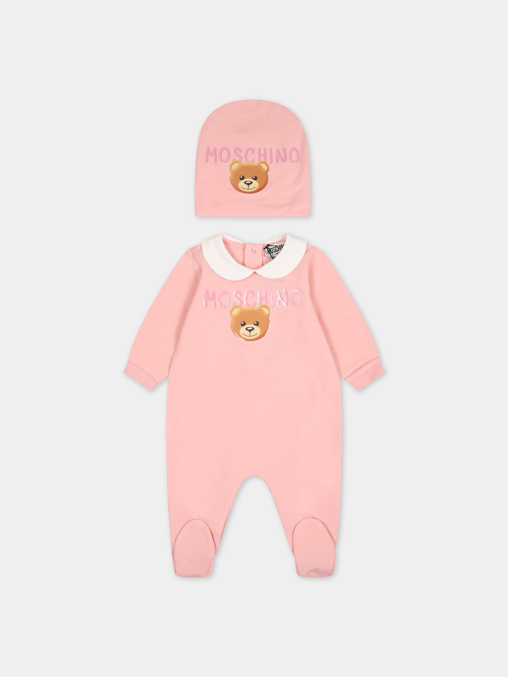 Set rosa per neonata con Teddy bear e logo,Moschino Kids,MOY026 LDA17 50209