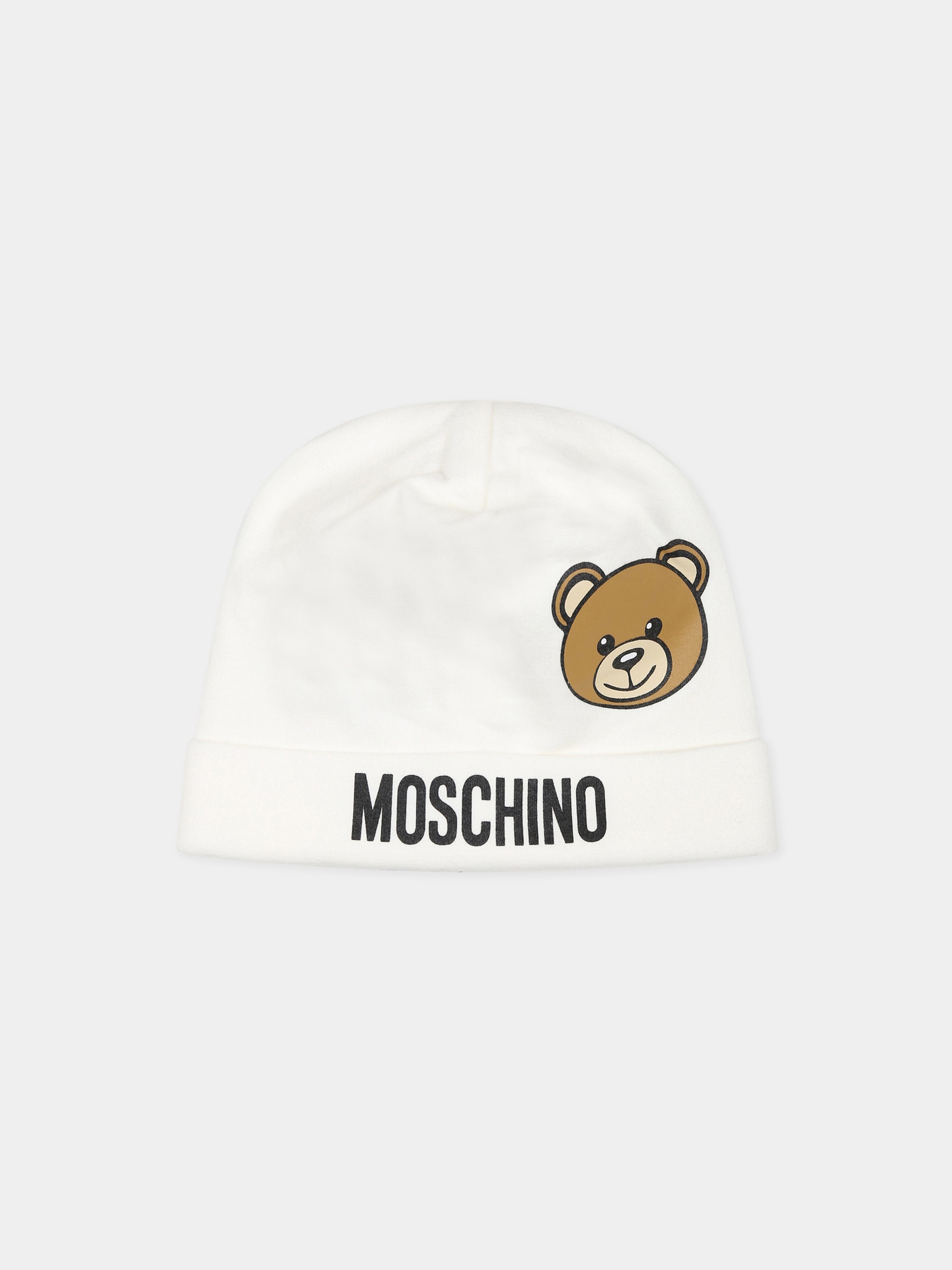 Cappello bianco per neonati con Teddy Bear e logo,Moschino Kids,MUX04H LDA17 10063