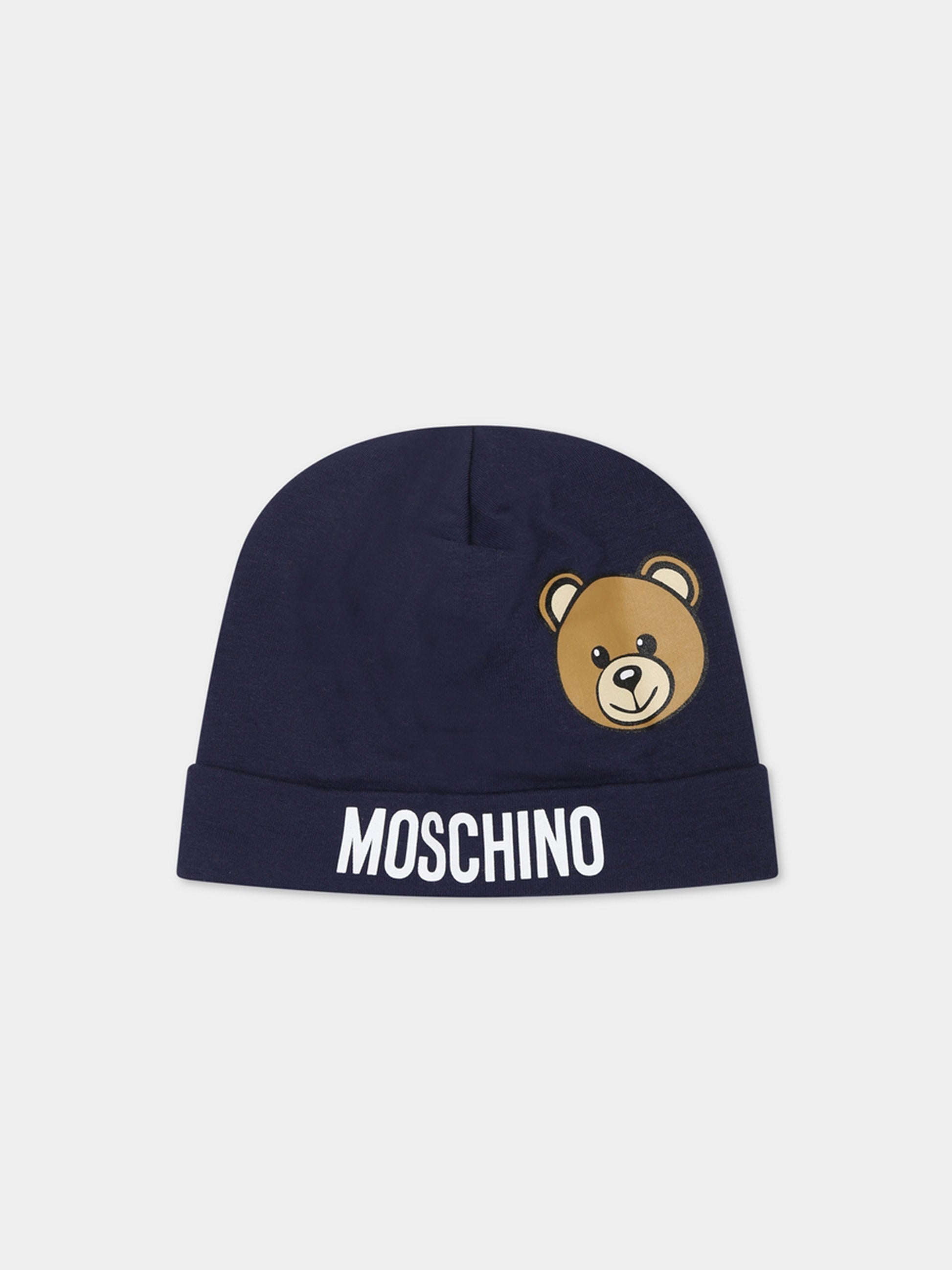 Cappello blu per neonati con Teddy Bear e logo,Moschino Kids,MUX04H LDA17 40016