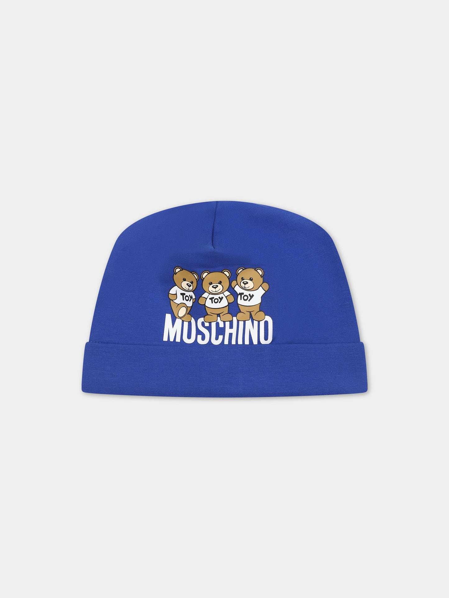 Cappello azzurro per neonato con Teddy Bears e logo,Moschino Kids,MZX031 LDA16 40457