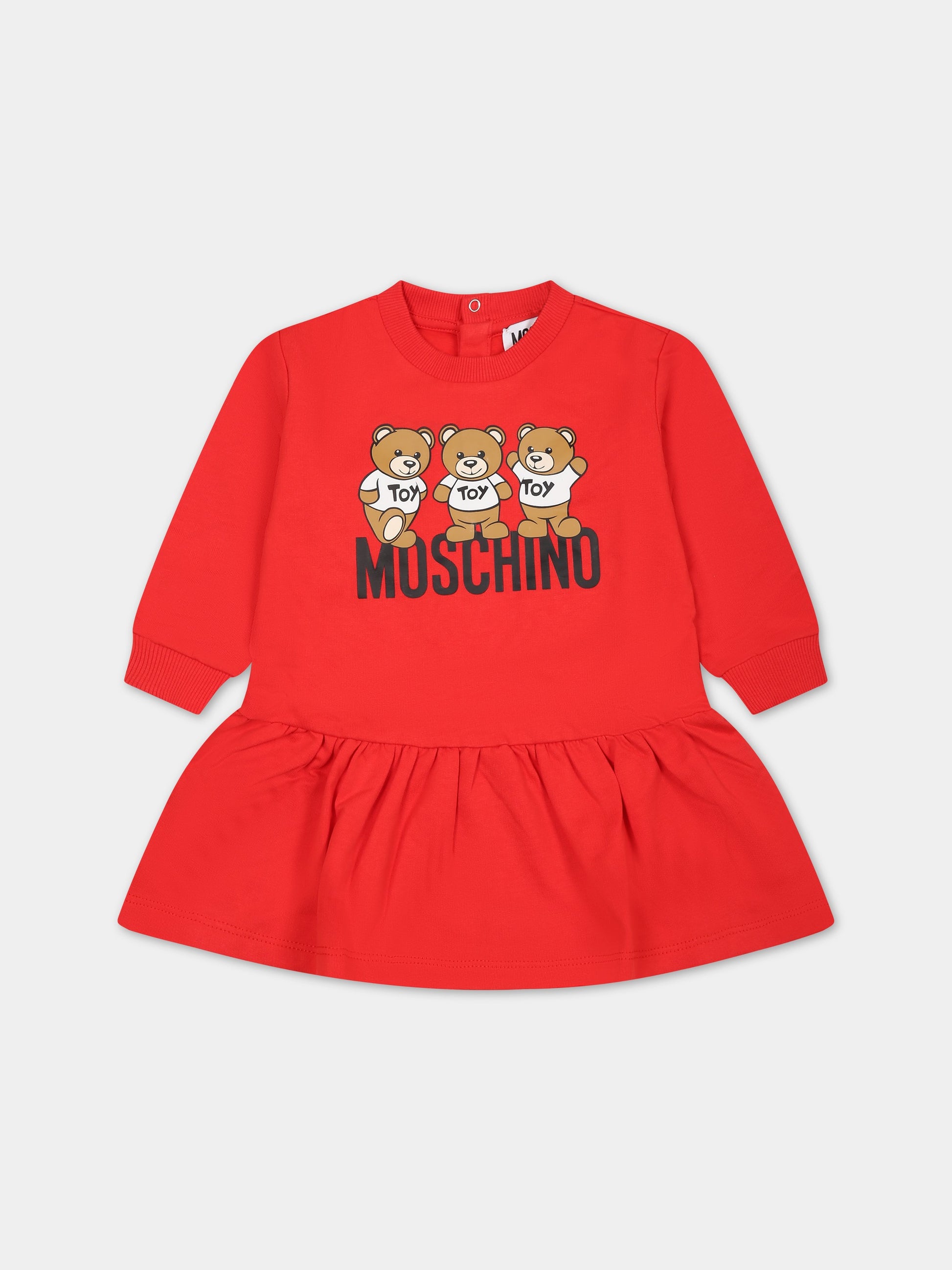 Vestito rosso per neonata con Teddy Bears e logo,Moschino Kids,MAV09V LCA60 50109