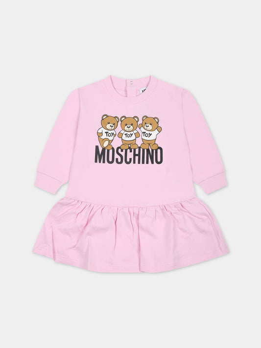 Vestito rosa per neonata con Teddy Bears e logo,Moschino Kids,MAV09V LCA60 51684