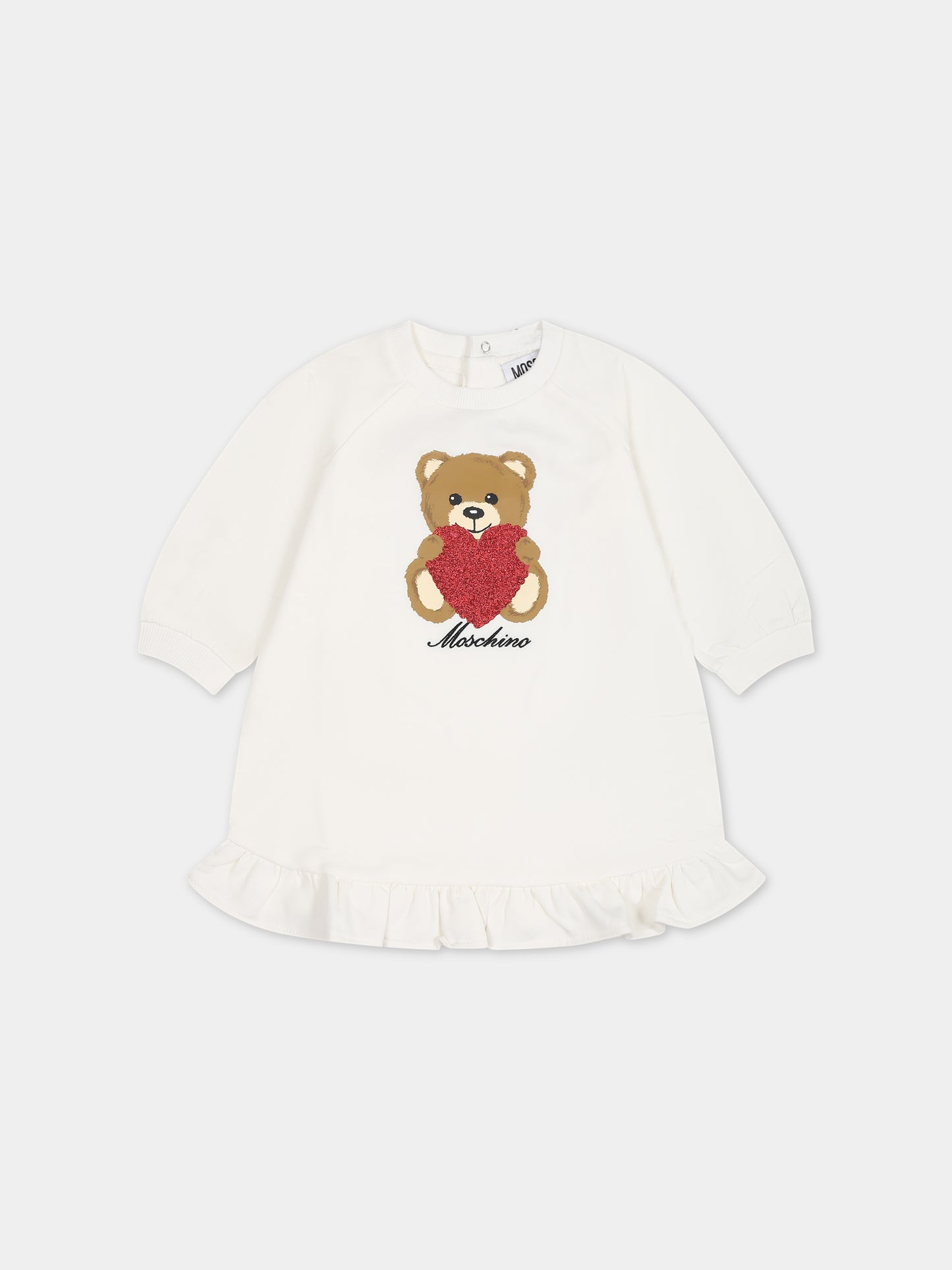 Vestito bianco per neonata con Teddy Bear e logo,Moschino Kids,MDV0AP LDA14 10063