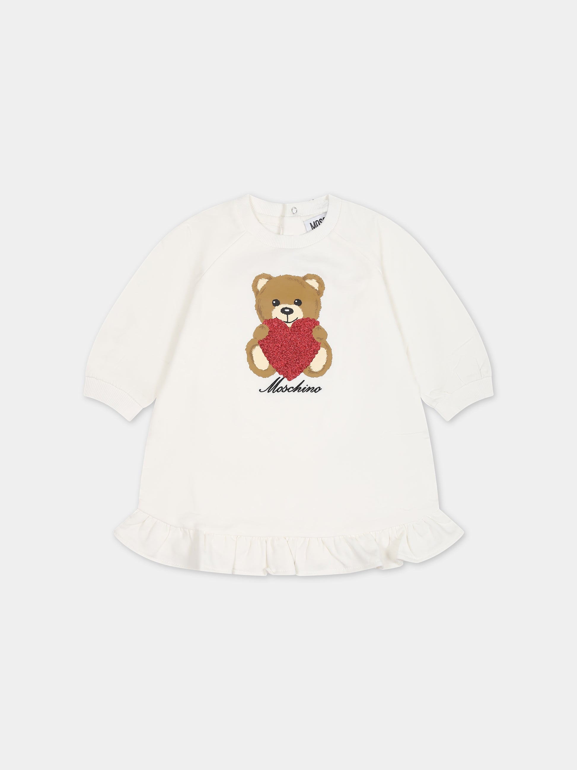 Vestito bianco per neonata con Teddy Bear e logo,Moschino Kids,MDV0AP LDA14 10063