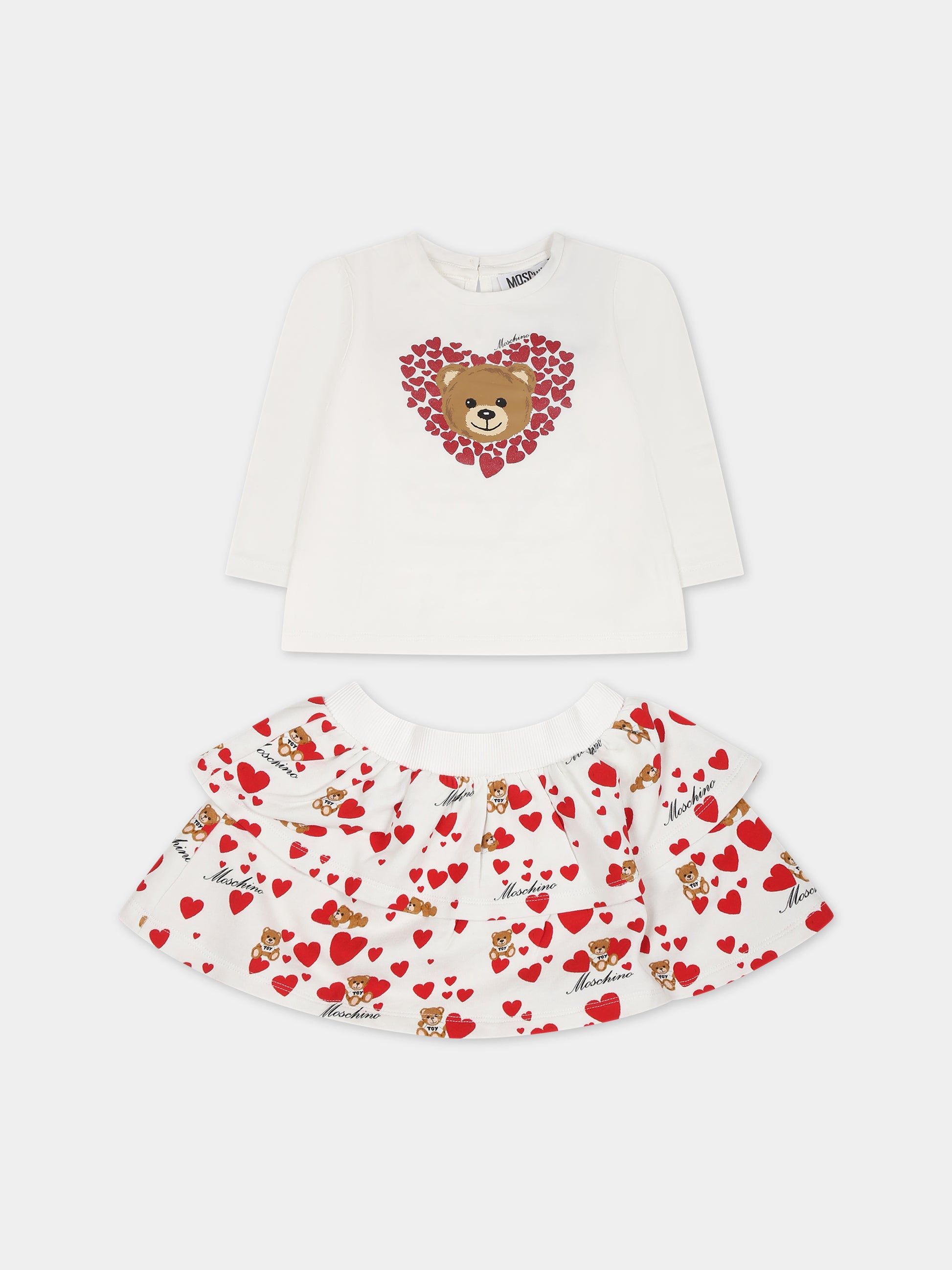 Completo bianco per neonata con Teddy Bear e cuori,Moschino Kids,MDK02J LDB9B 82237
