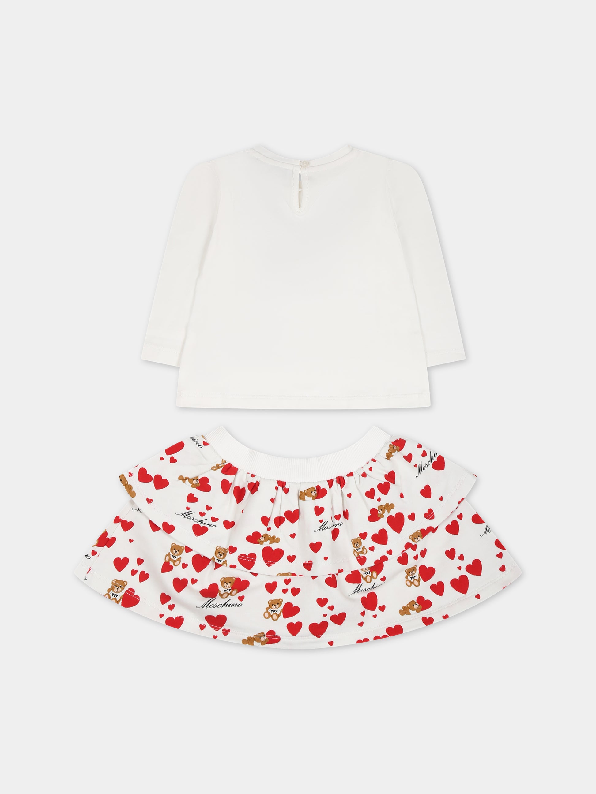 Completo bianco per neonata con Teddy Bear e cuori,Moschino Kids,MDK02J LDB9B 82237