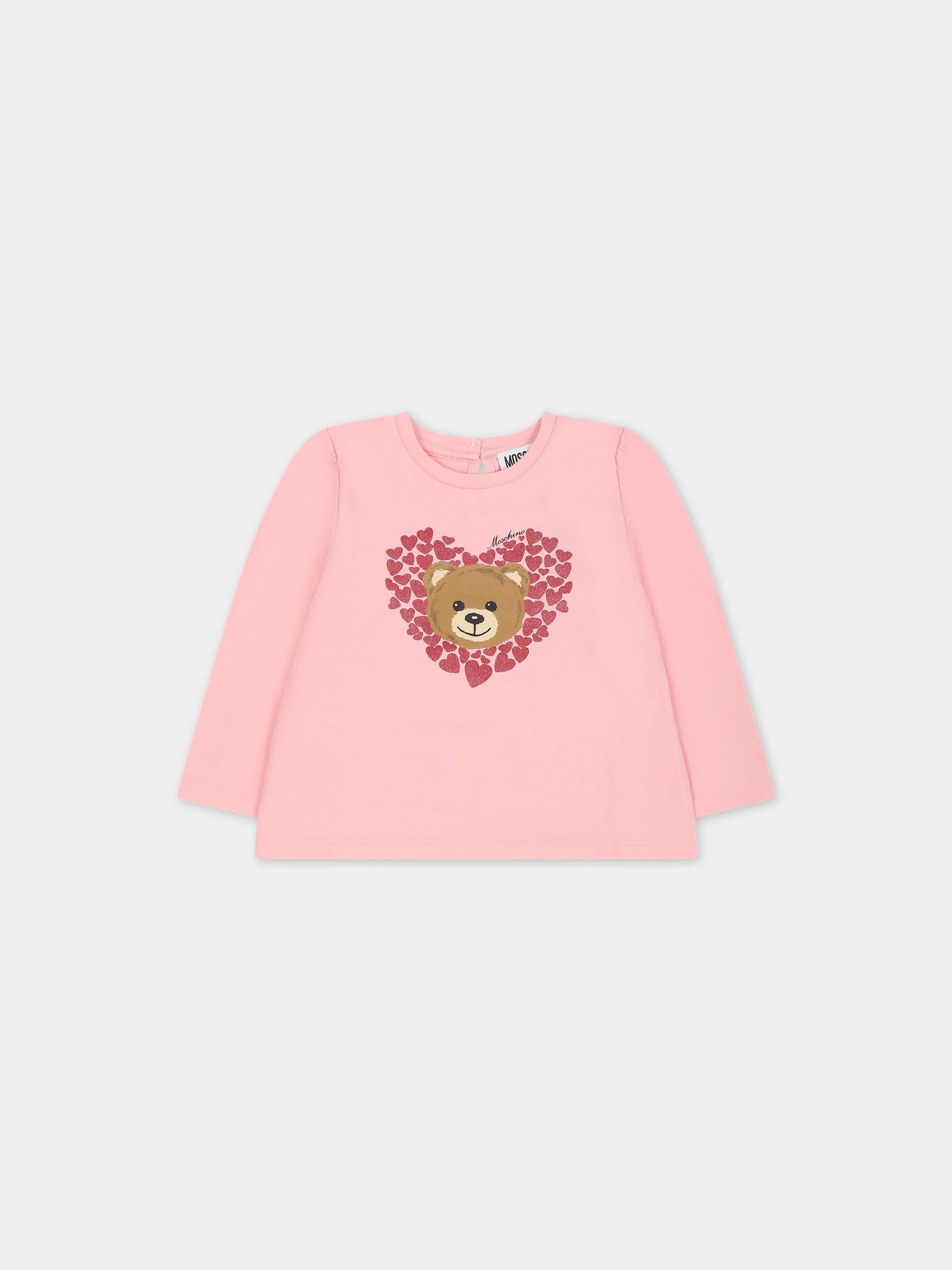 T-shirt rosa per neonata con Teddy Bear e logo,Moschino Kids,MDO00N LBA11 50209