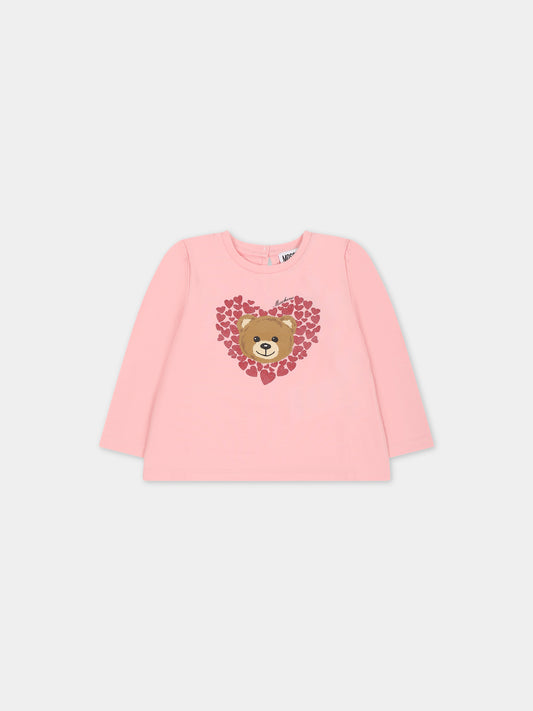 T-shirt rosa per neonata con Teddy Bear e logo,Moschino Kids,MDO00N LBA11 50209