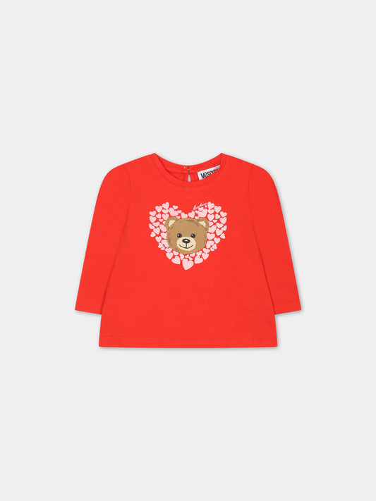 T-shirt rossa per neonata con Teddy Bear e logo,Moschino Kids,MDO00N LBA11 50109