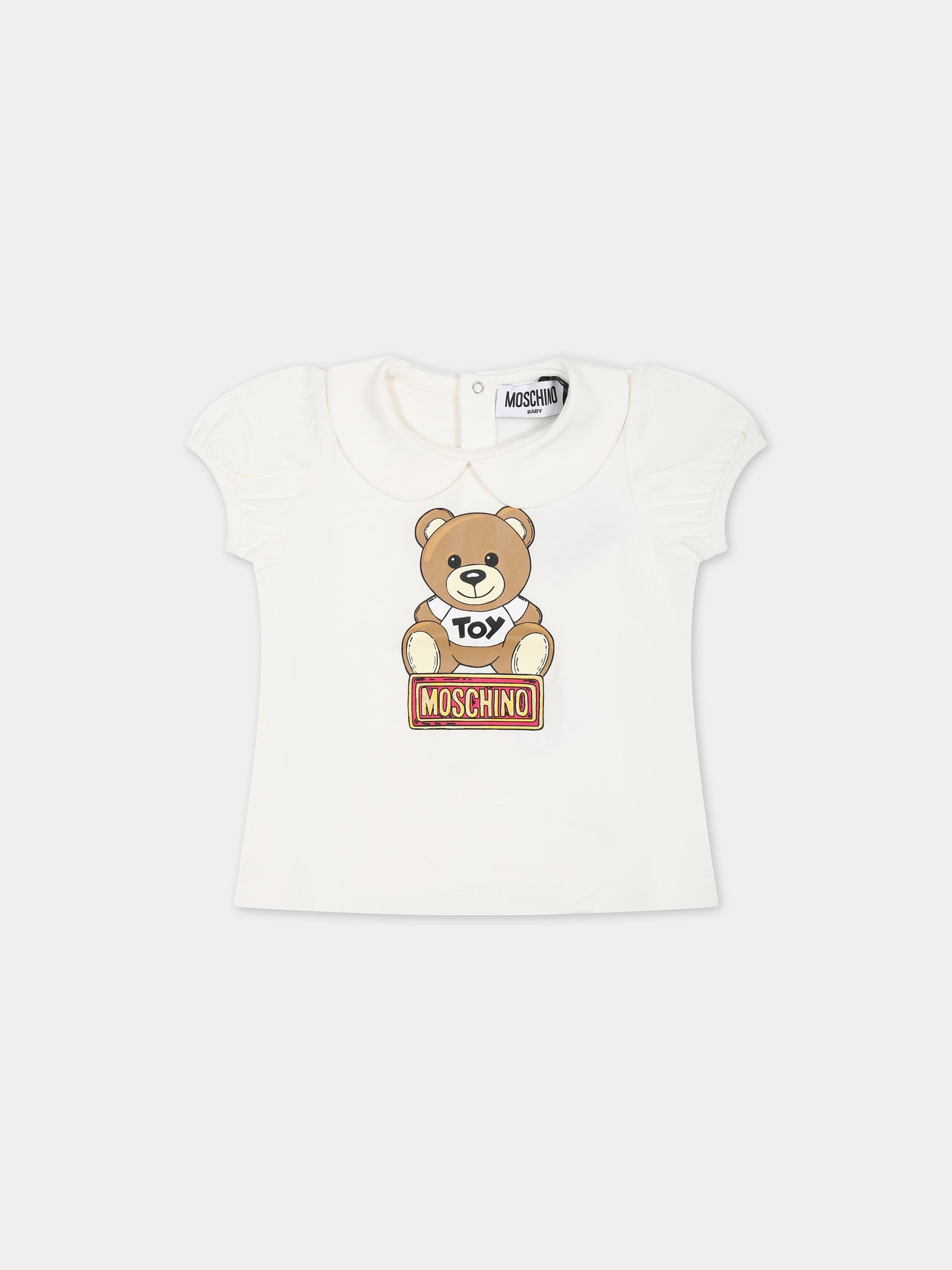 T-shirt bianca per neonata con Teddy Bear e logo,Moschino Kids,MCM02S LBA11 10063