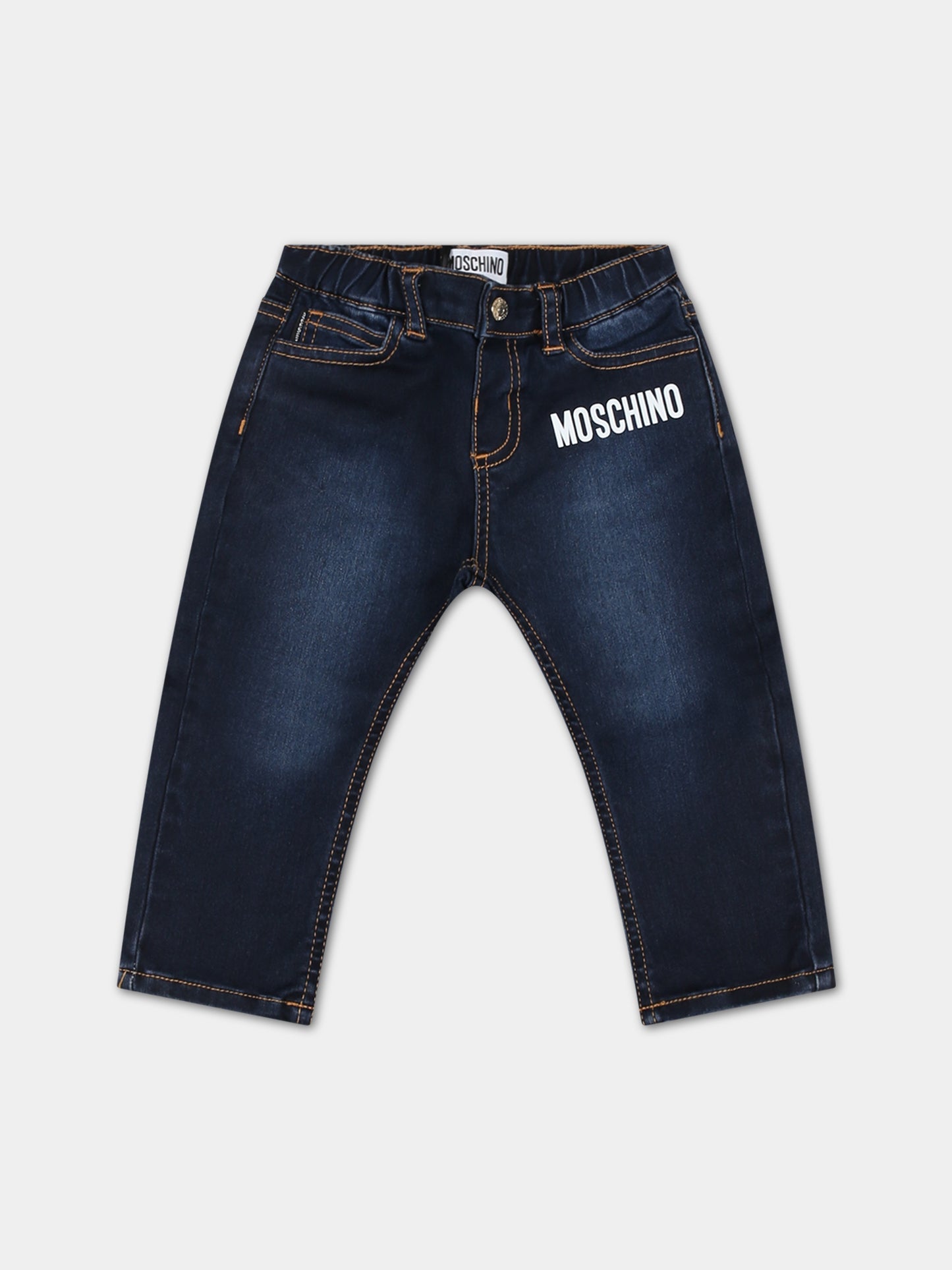Jeans blu per neonato con Teddy Bear e logo,Moschino Kids,MQP038 LXE49 40290