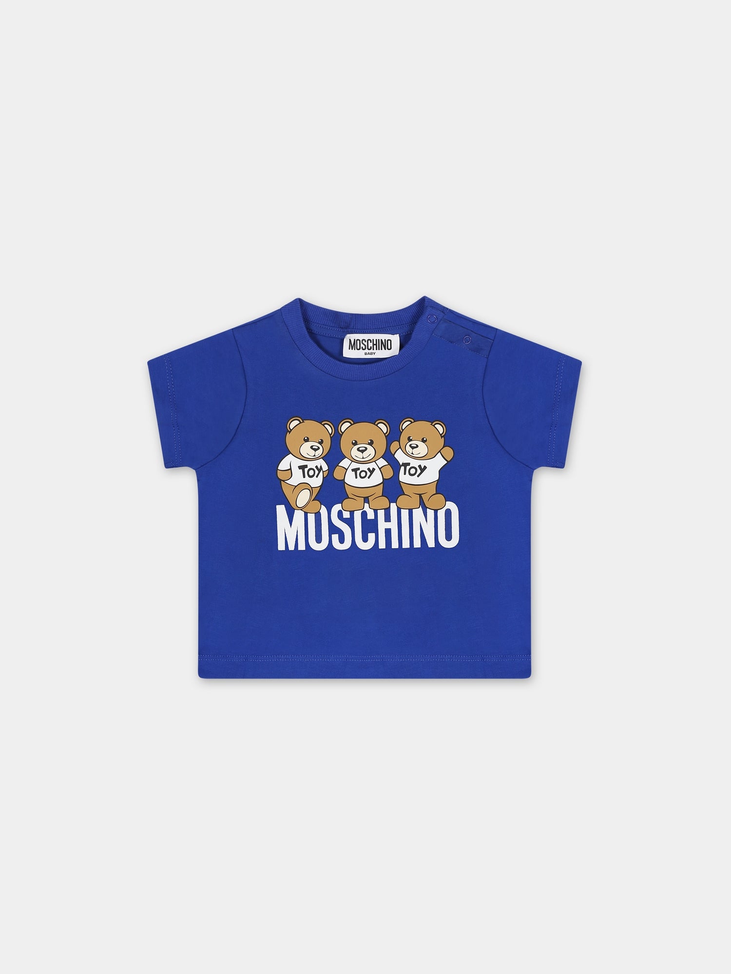 T-shirt azzurra per neonato con Teddy Bears e logo,Moschino Kids,MUM03N LAA10 40457
