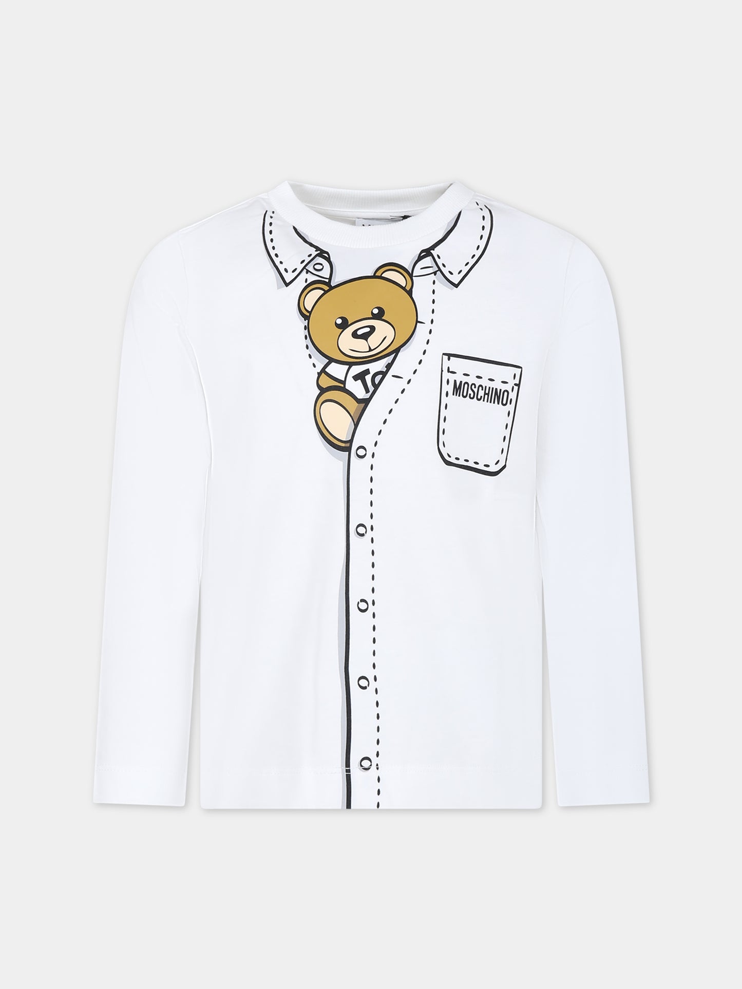 T-shirt bianca per bambino con Teddy Bear e logo,Moschino Kids,HOO00J LAA20 10101
