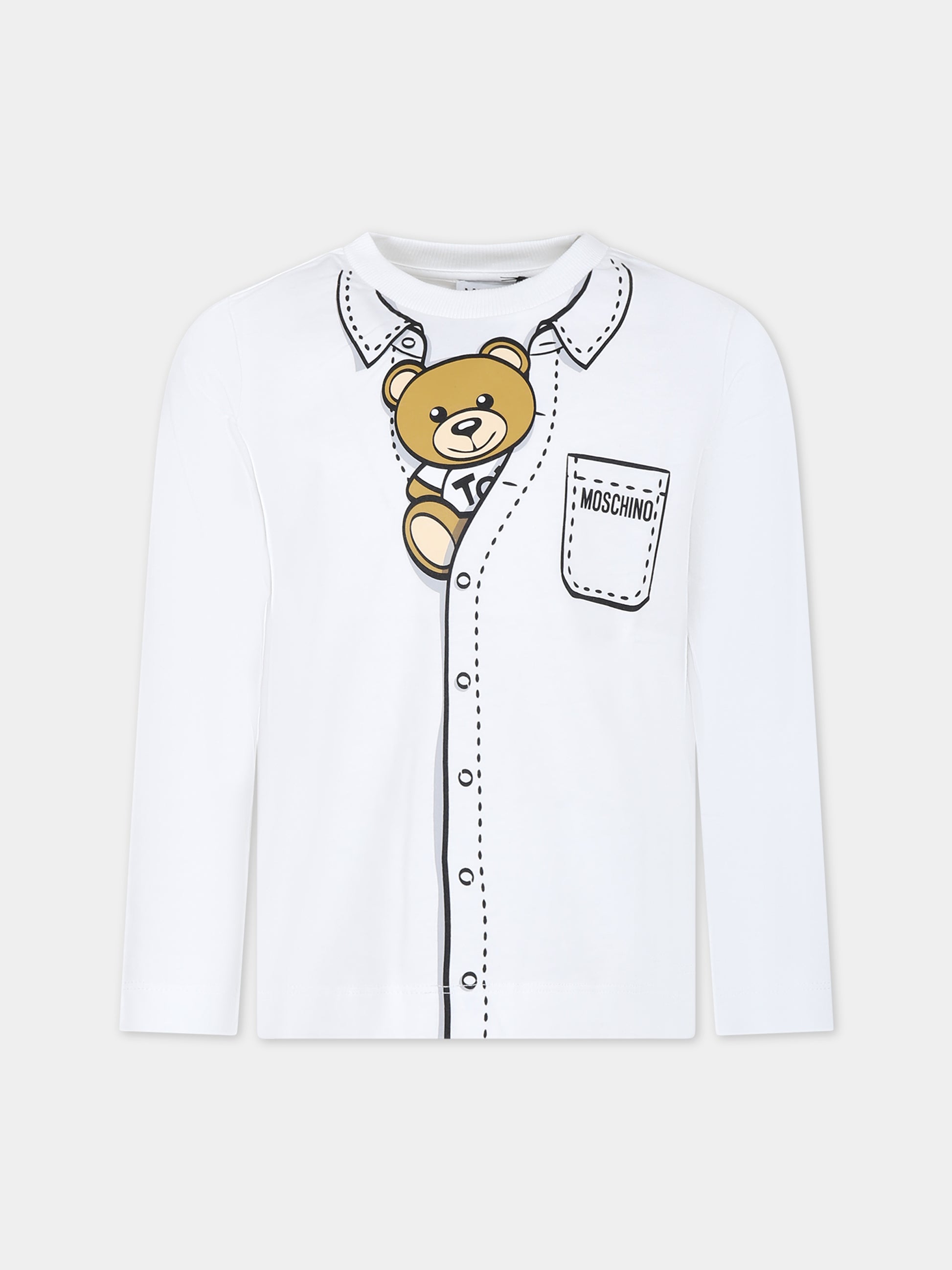T-shirt bianca per bambino con Teddy Bear e logo,Moschino Kids,HOO00J LAA20 10101