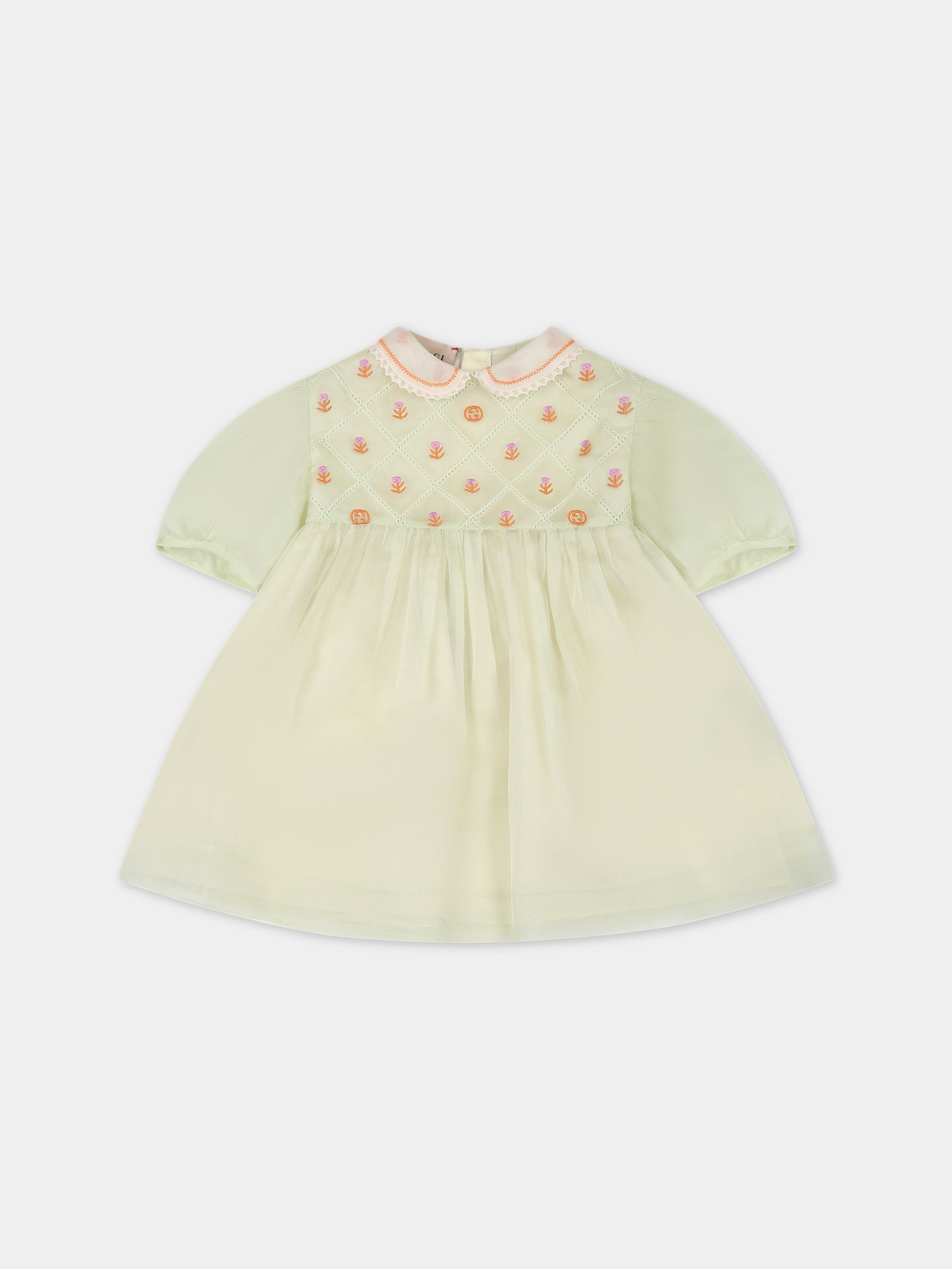 Vestito verde per neonata con fiori e incrocio GG,Gucci Kids,741201 ZANO4 3407