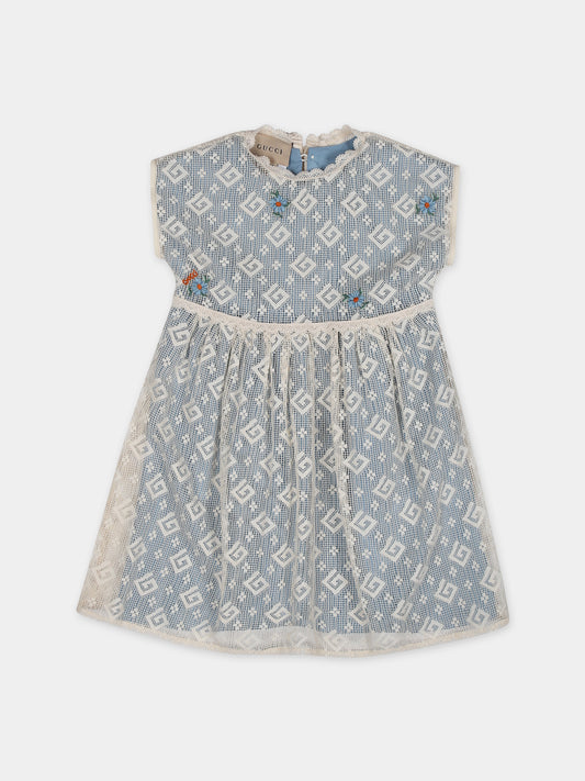 Vestito celeste per neonata con fiori,Gucci Kids,748851 ZAN9X 9028