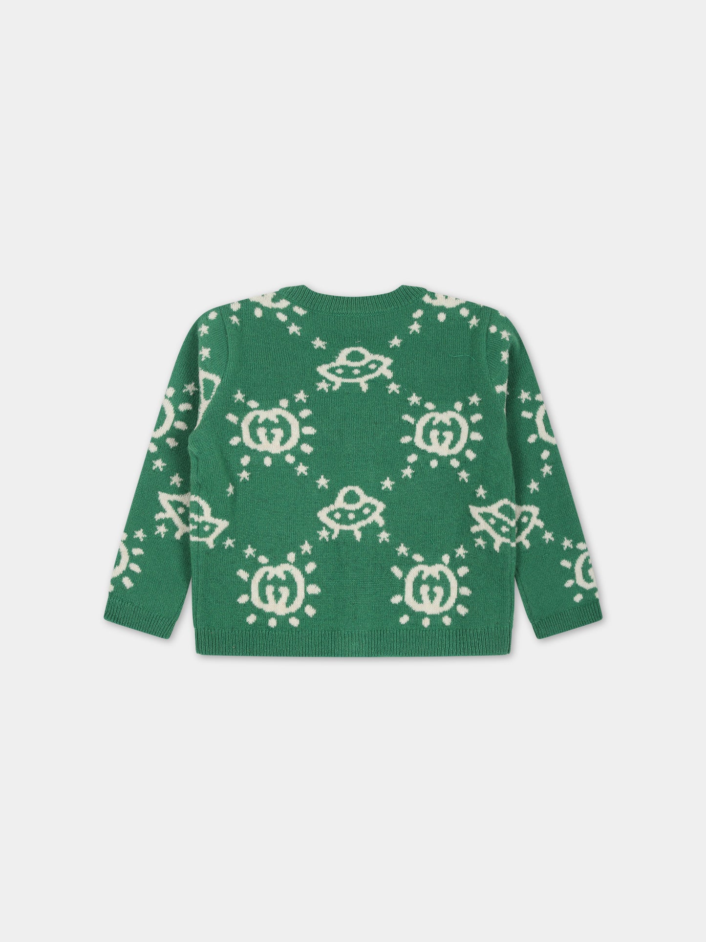 Cardigan verde con Ufo e GG per neonato,Gucci Kids,748122 XKDAD 3523