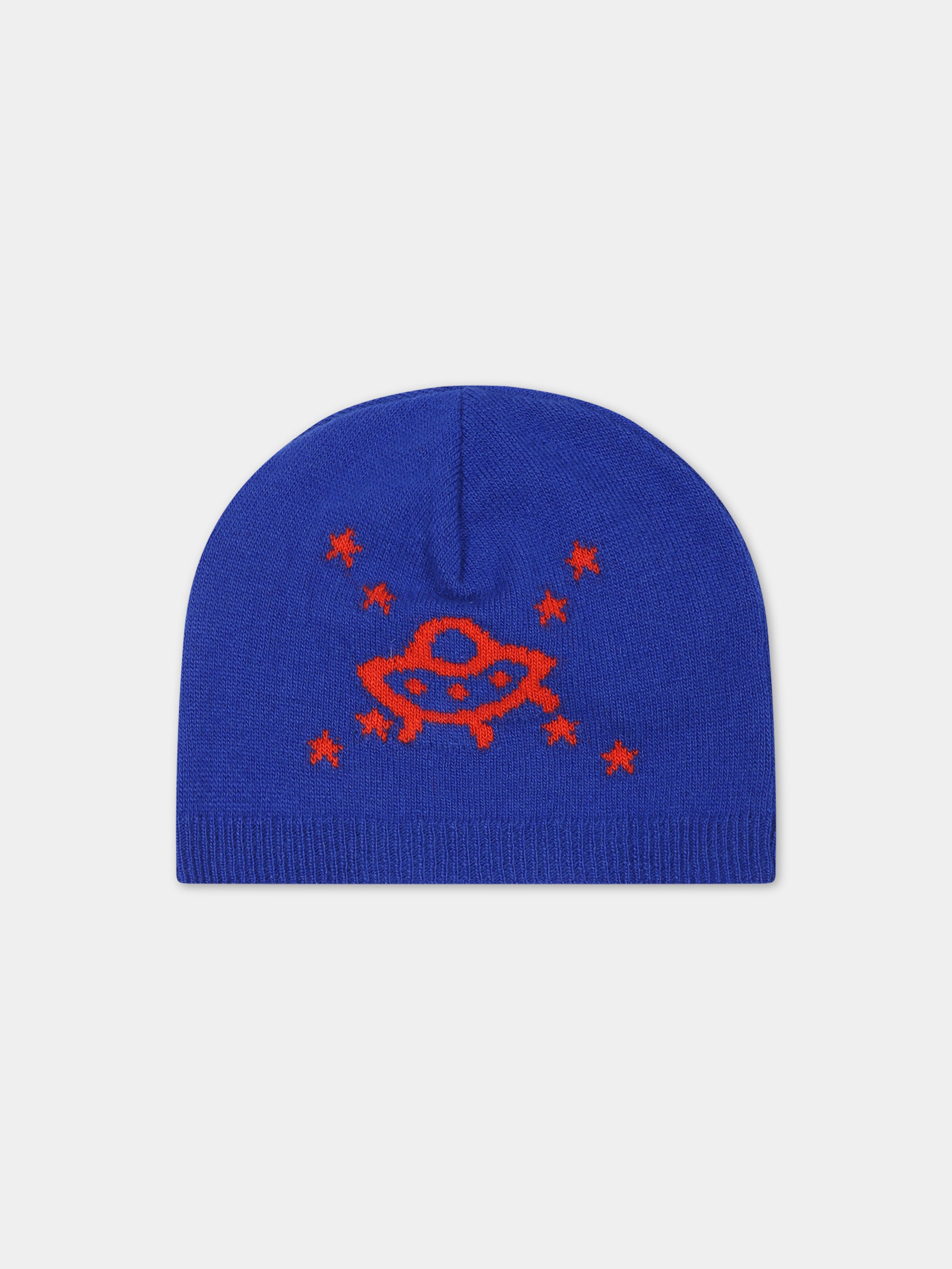 Berretto blu per neonato con incrocio GG e ufo,Gucci Kids,749513 3K206 4374