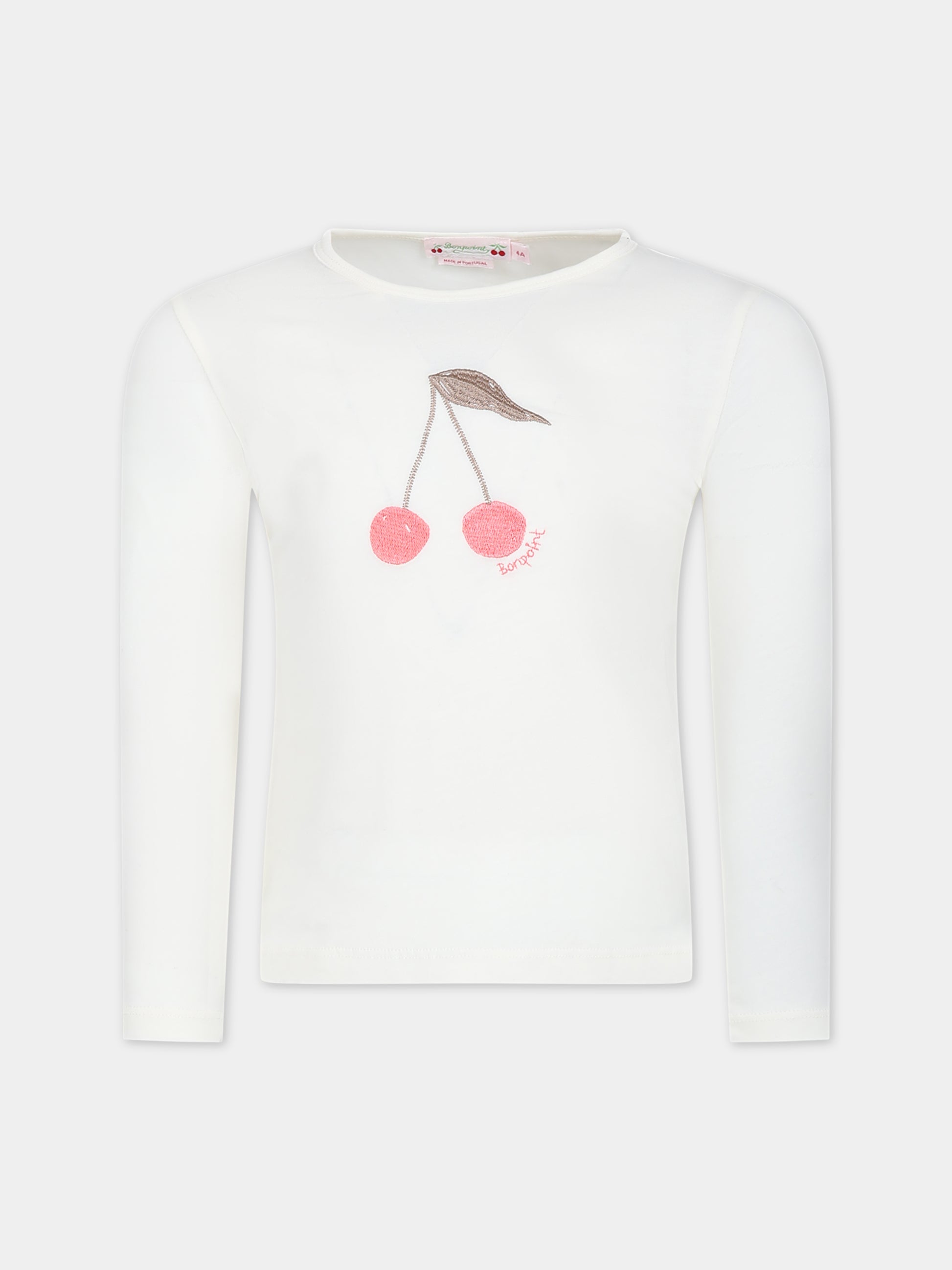 T-shirt avorio per bambina con logo e ciliegie,Bonpoint,W03GTSK00003 103
