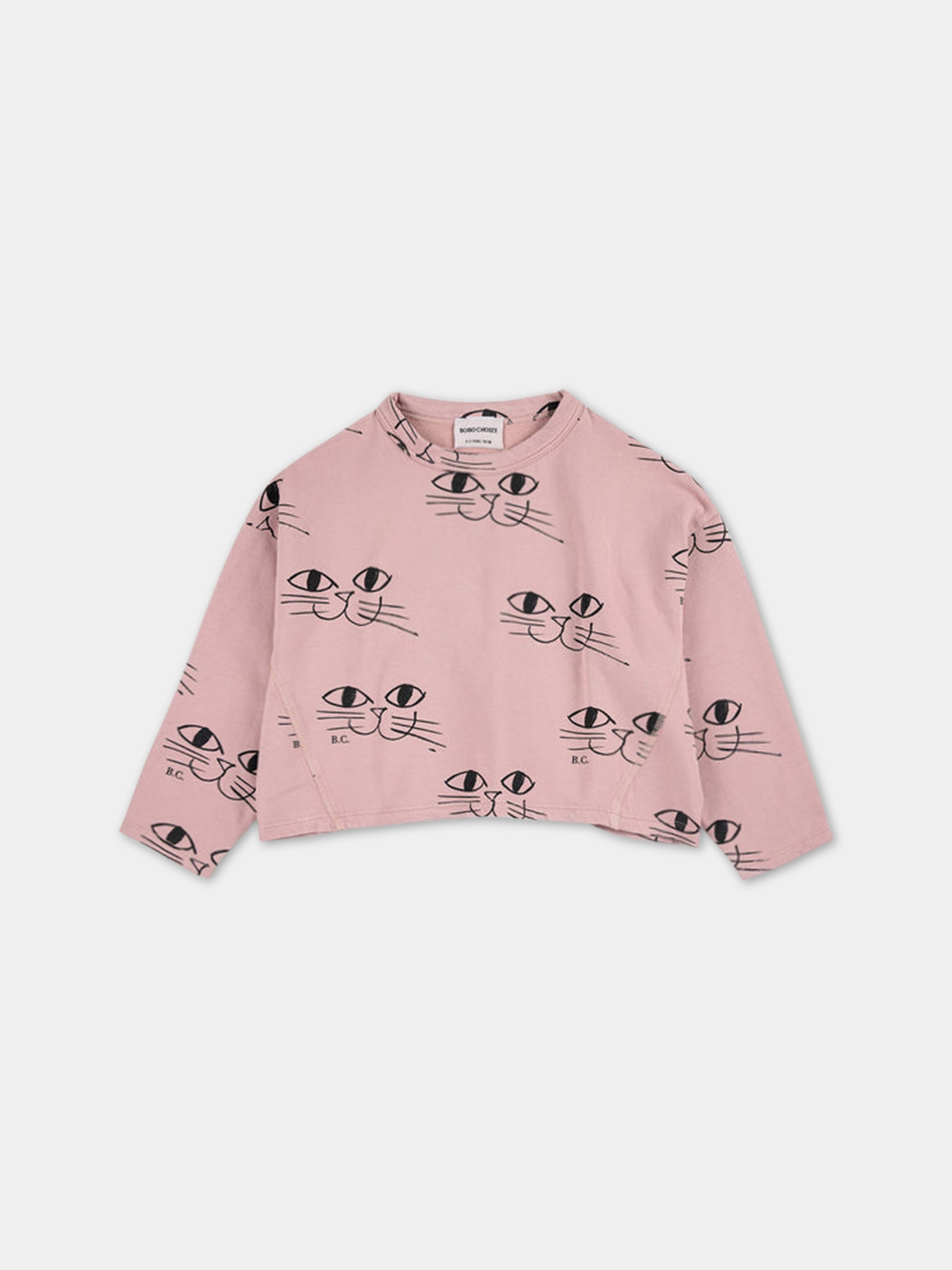 Felpa rosa per bambina con stampa gatti e logo,Bobo Choses,223AC047