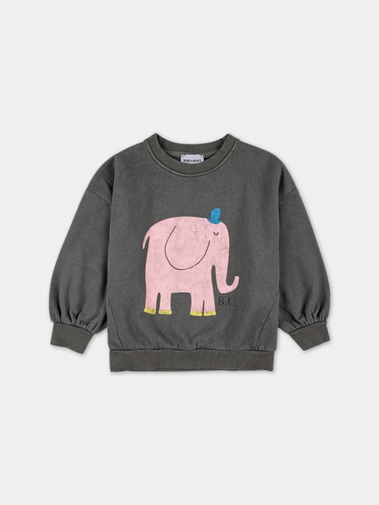 Felpa grigia per bambina con stampa elefante e logo,Bobo Choses,223AC032