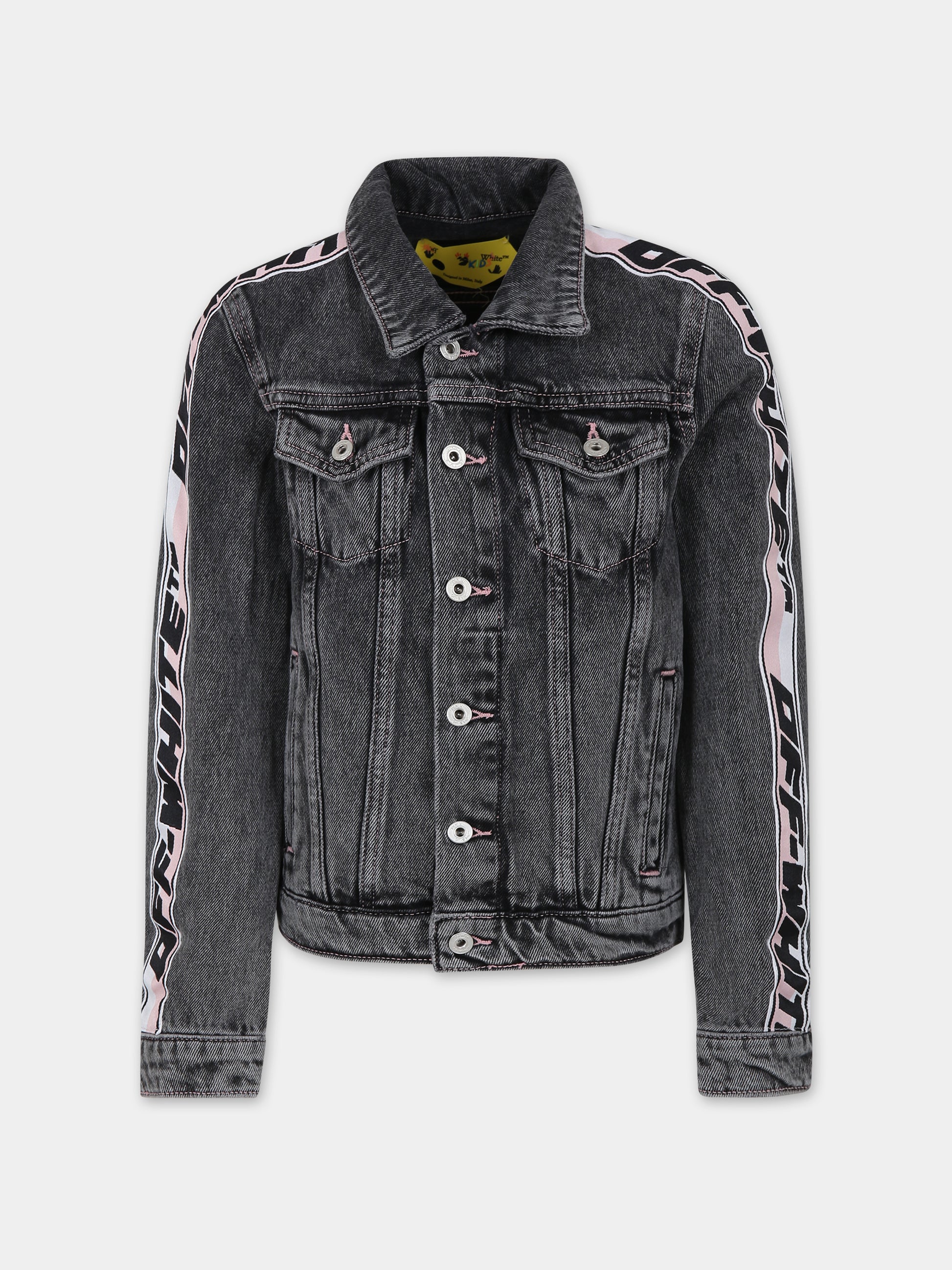 Giubboto denim di jeans nero per bambina con logo,Off White,OGYE002F23DEN0010710