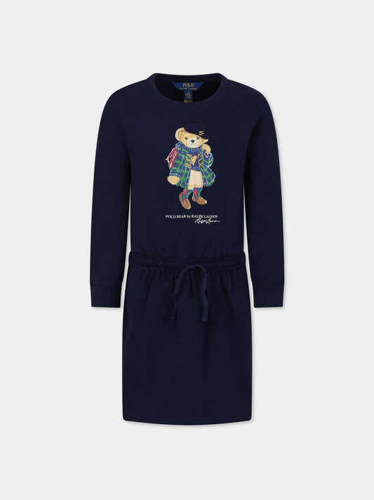 Vestito blu per bambina con orso e logo,Ralph Lauren Kids,916767002