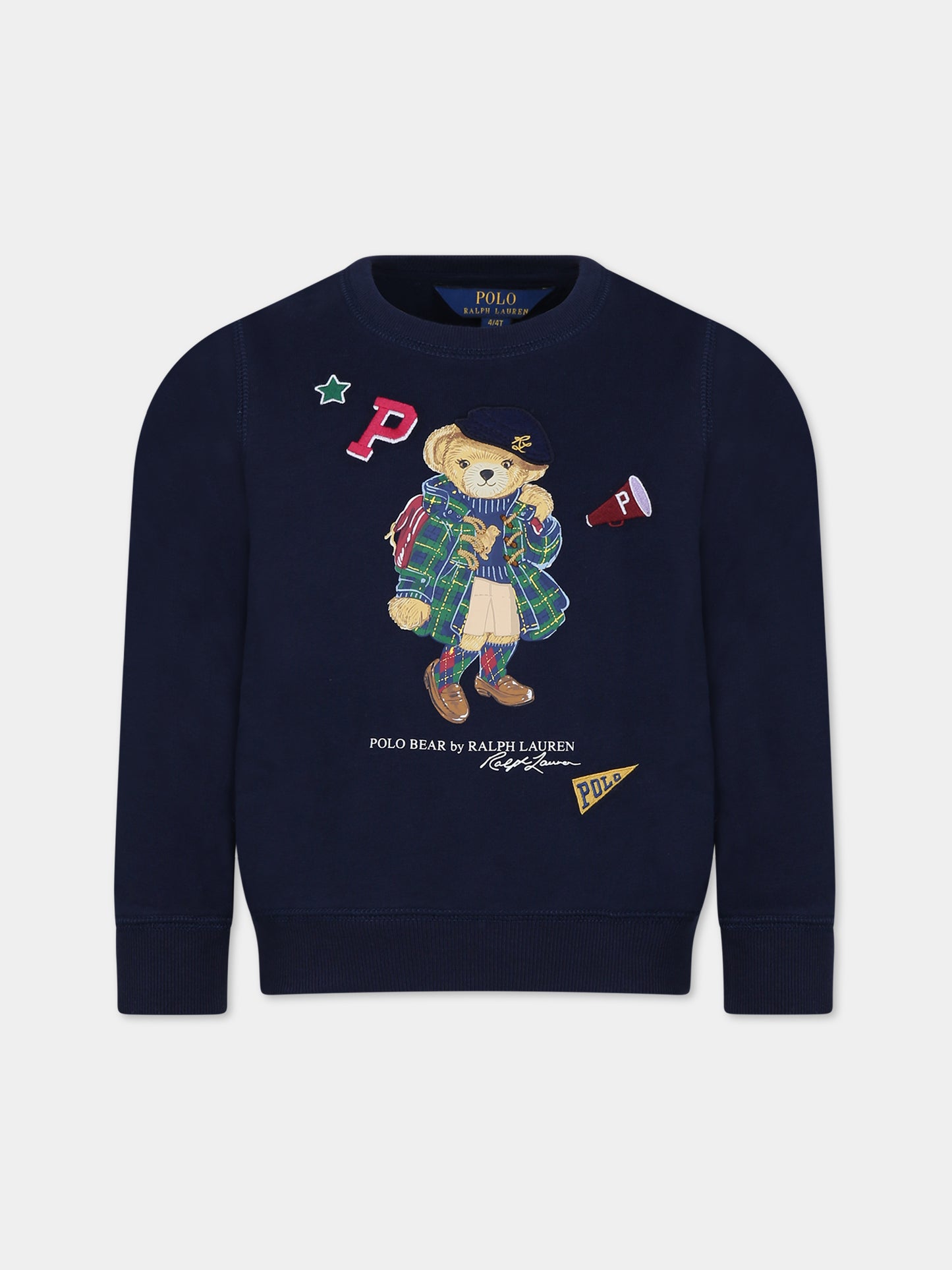 Felpa blu per bambina con orso e logo,Ralph Lauren Kids,916768002