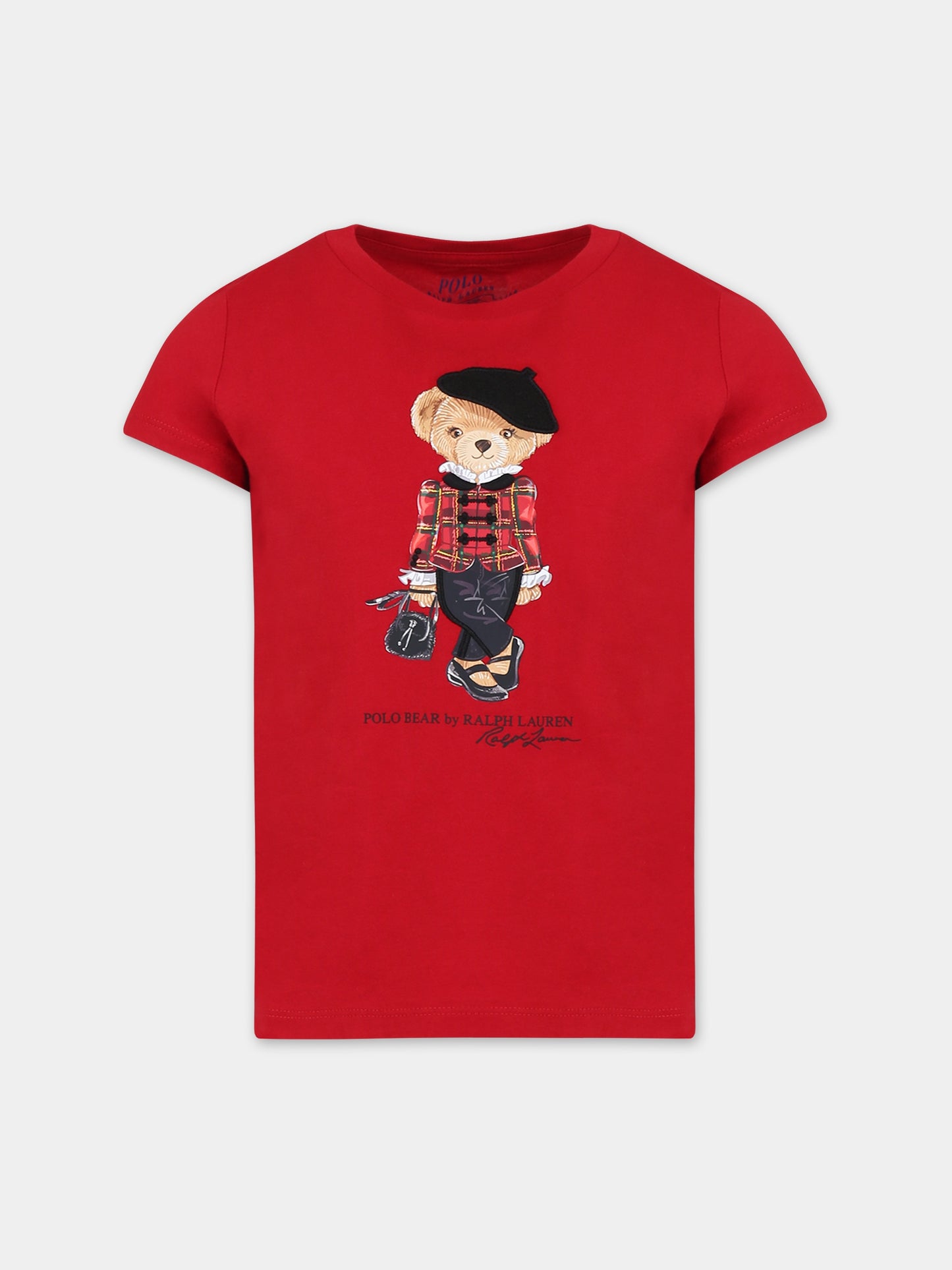 T-shirt rossa per bambina con orso e logo,Ralph Lauren Kids,920451001